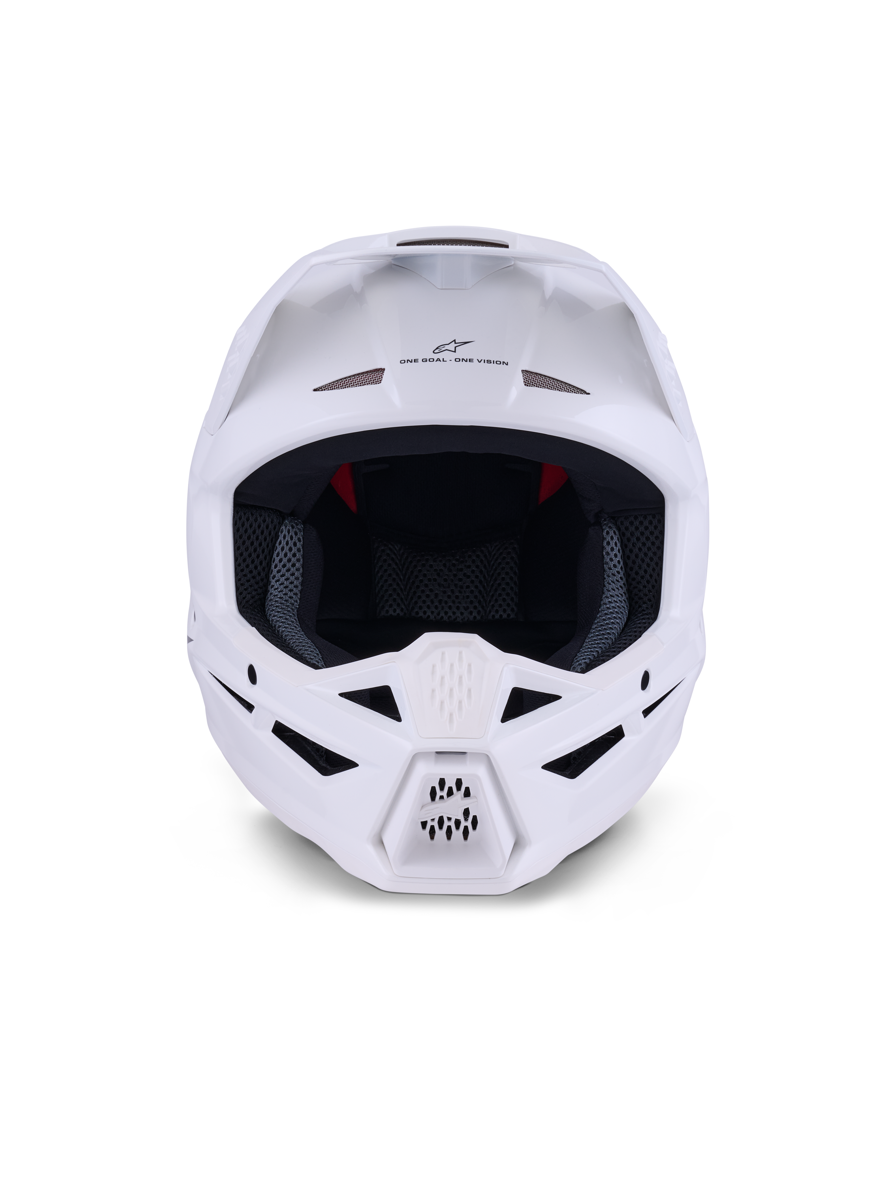 Casco Alpinestars S-M3 Solid ECE 22.06, casco da motocross, bianco lucido, vista frontale con molteplici prese d'aria sulla mentoniera e sulla fronte, calotta aerodinamica con visiera, marchio 'ONE GOAL - ONE VISION' e fodera interna in rete per la protezione off-road.