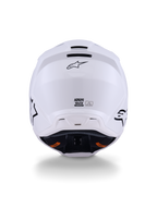 Alpinestars S-M3 Solid Helmet ECE 22.06, casco da motocross, bianco lucido, vista posteriore che mostra le porte di ventilazione, il logo Alpinestars e l'etichetta di certificazione di sicurezza, progettato per prestazioni off-road