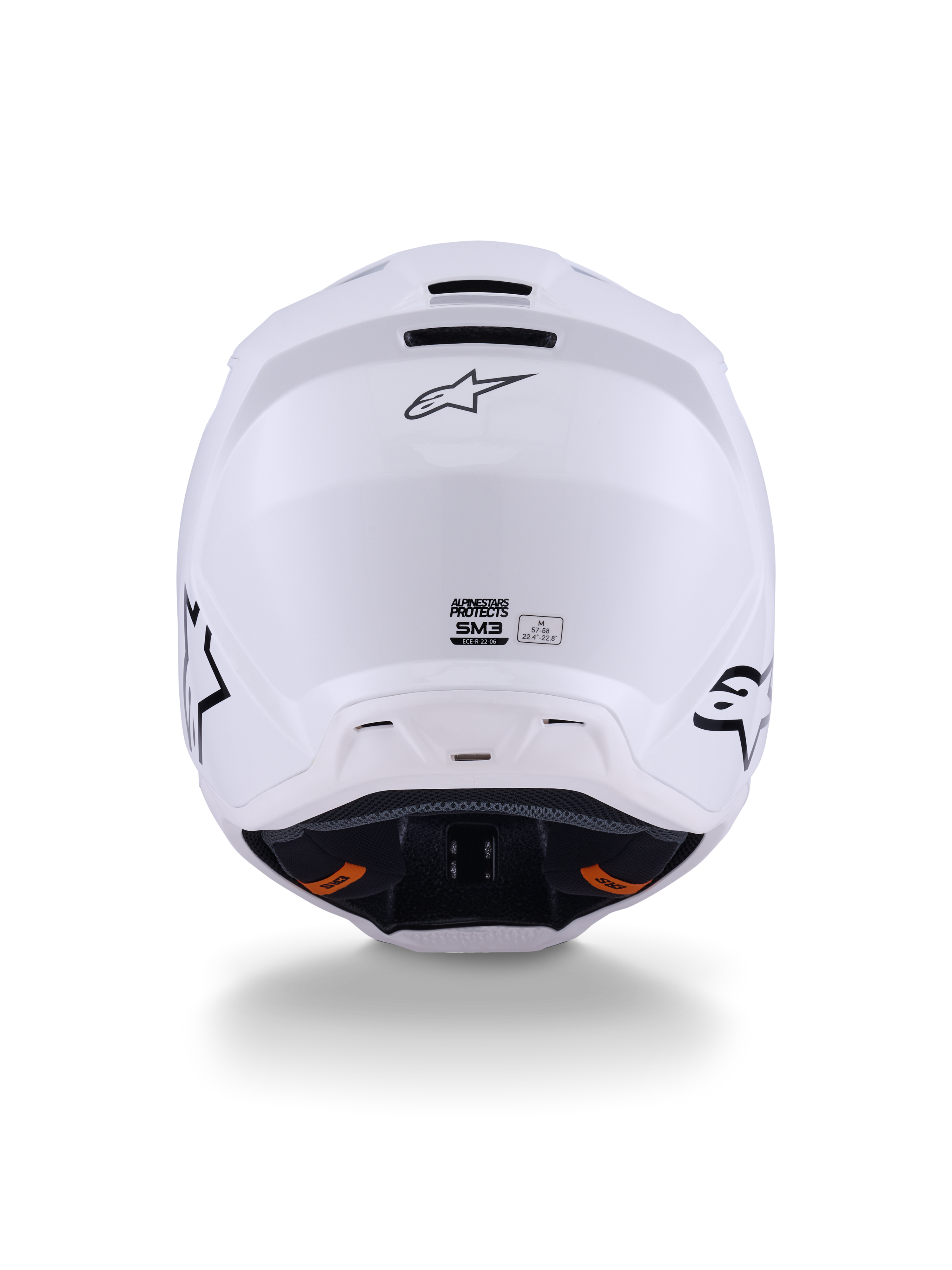 Alpinestars S-M3 Solid Helmet ECE 22.06, casco da motocross, bianco lucido, vista posteriore che mostra le porte di ventilazione, il logo Alpinestars e l'etichetta di certificazione di sicurezza, progettato per prestazioni off-road