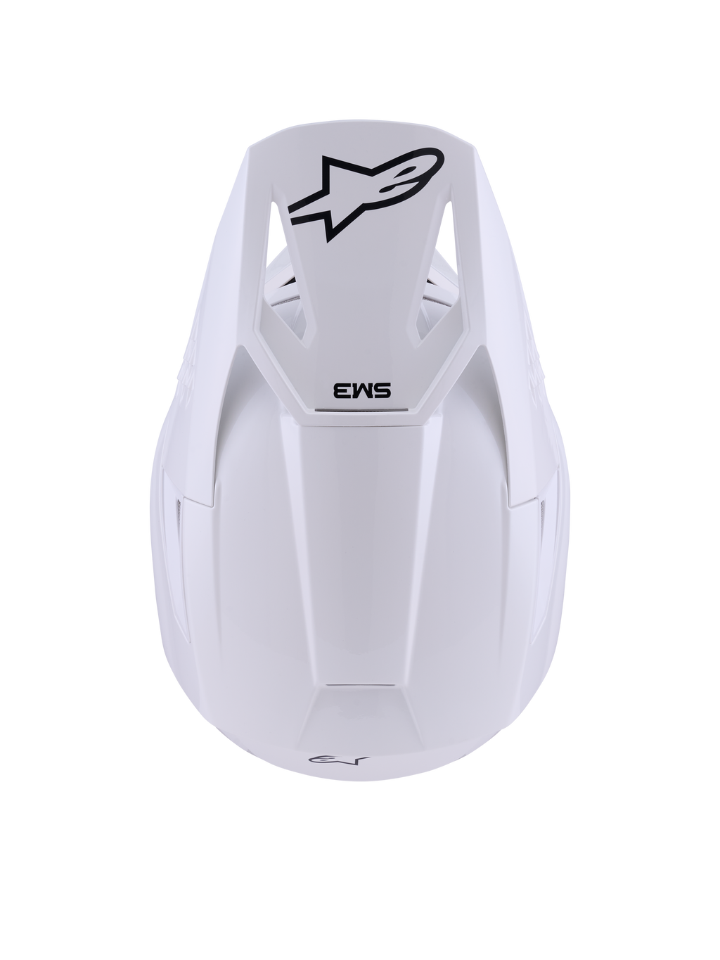 Casco Alpinestars S-M3 Solid, Bianco Lucido, casco da motocross, vista dall'alto con logo Alpinestars a stella nero e marchio SM3 sulla visiera, calotta termo-iniettata con finitura lucida, protezione off-road certificata ECE 22.06