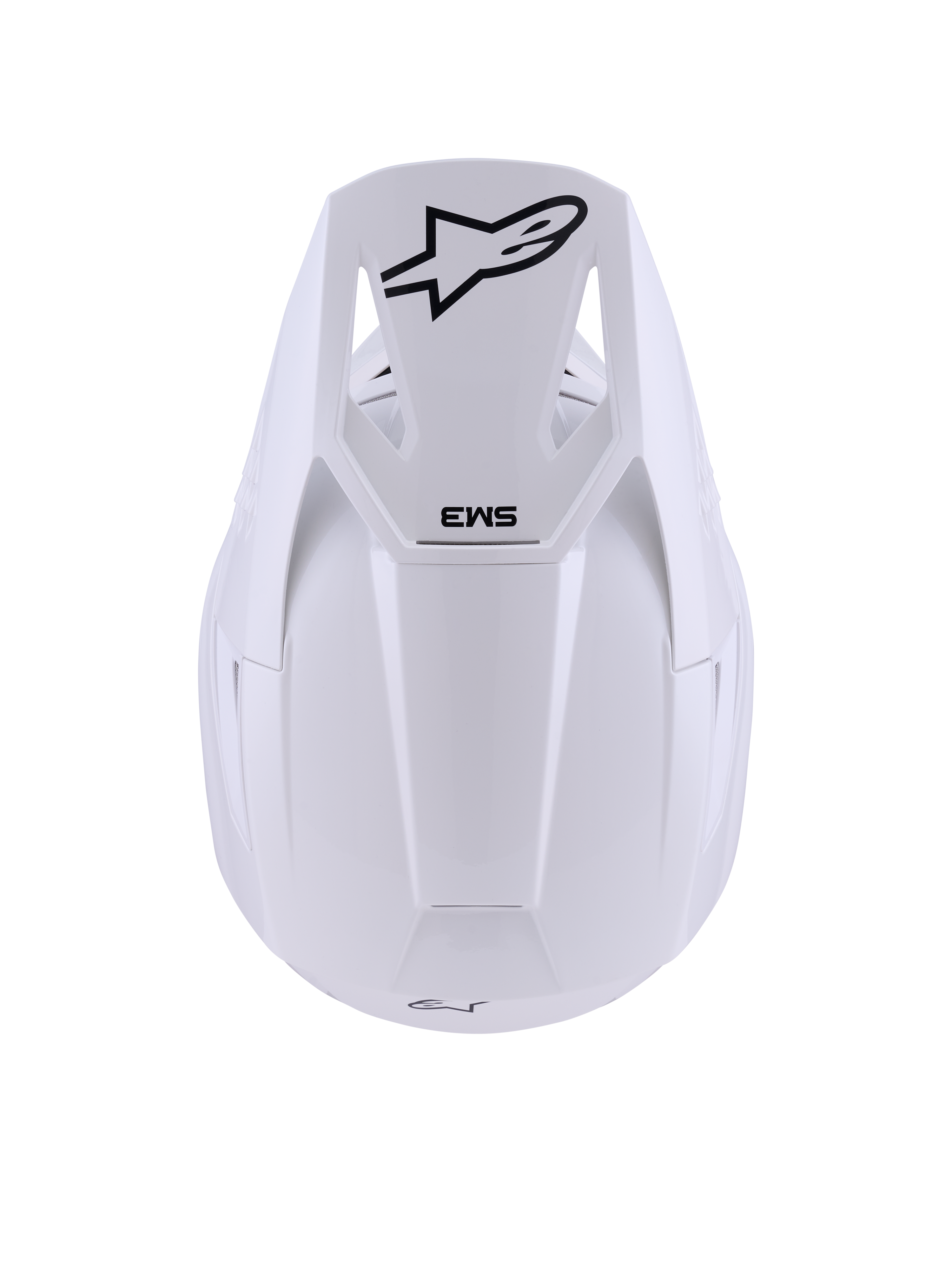 Casco Alpinestars S-M3 Solid, Bianco Lucido, casco da motocross, vista dall'alto con logo Alpinestars a stella nero e marchio SM3 sulla visiera, calotta termo-iniettata con finitura lucida, protezione off-road certificata ECE 22.06
