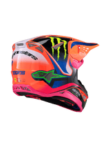Casco Alpinestars Supertech M10 Deegan Monster ECE 22.06, casco da motocross, arancione fluo, viola e rosa lucido, vista posteriore di tre quarti che evidenzia il design aerodinamico e le prese d'aria in rete, con logo Monster Energy verde lime e marchio Alpinestars
