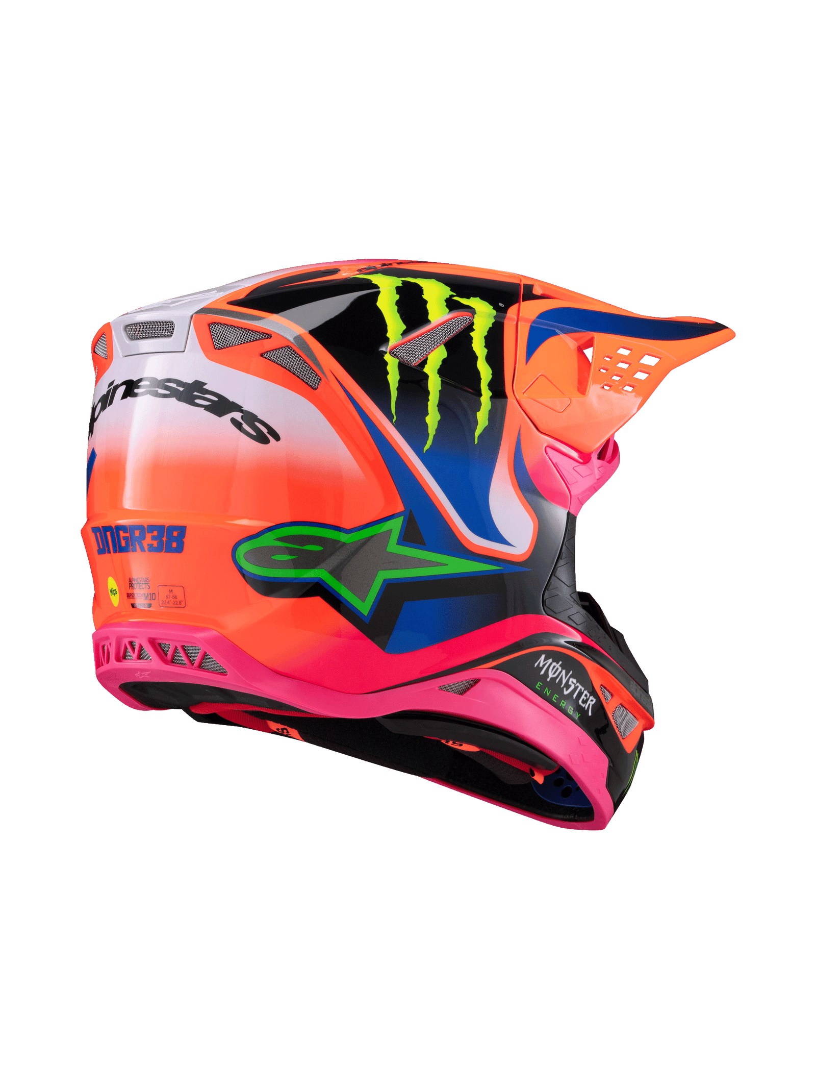 Casco Alpinestars Supertech M10 Deegan Monster ECE 22.06, casco da motocross, arancione fluo, viola e rosa lucido, vista posteriore di tre quarti che evidenzia il design aerodinamico e le prese d'aria in rete, con logo Monster Energy verde lime e marchio Alpinestars