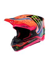 Casco Alpinestars Supertech M10 Deegan Monster ECE 22.06, casco da motocross, arancione fluo, viola e rosa lucido, con pannelli neri e marchio dell'artiglio verde Monster Energy, design aerodinamico con prese d'aria integrate, attrezzatura premium per corse fuoristrada