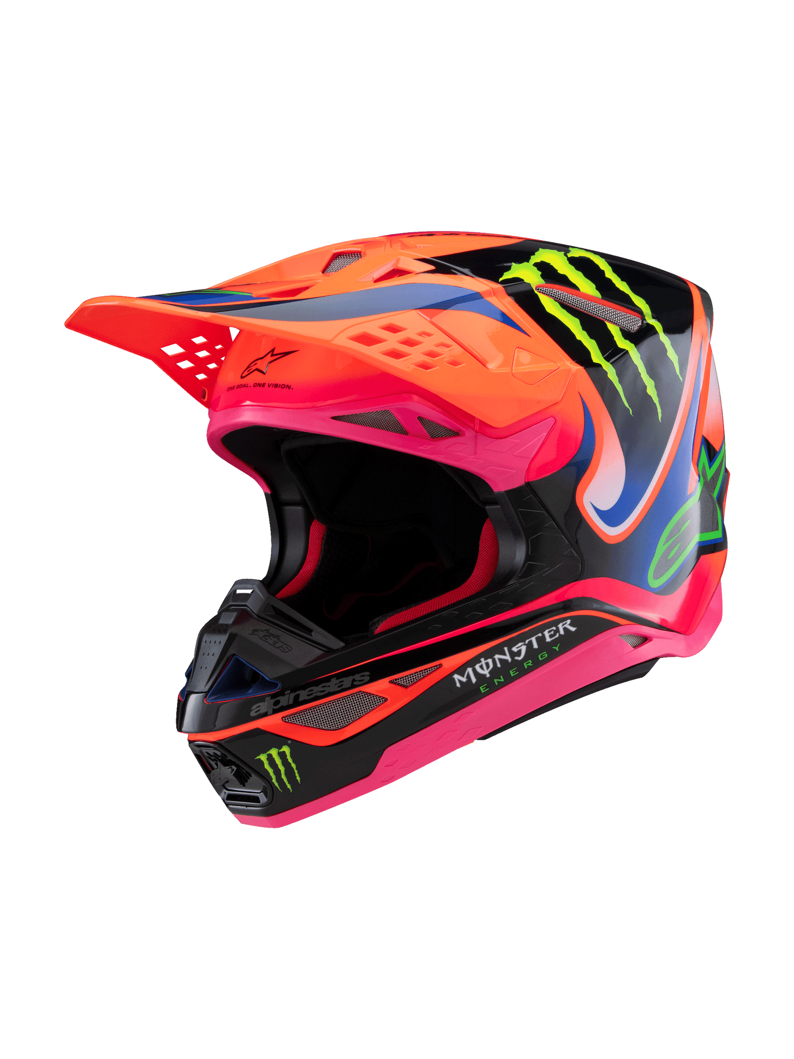 Casco Alpinestars Supertech M10 Deegan Monster ECE 22.06, casco da motocross, arancione fluo, viola e rosa lucido, con pannelli neri e marchio dell'artiglio verde Monster Energy, design aerodinamico con prese d'aria integrate, attrezzatura premium per corse fuoristrada