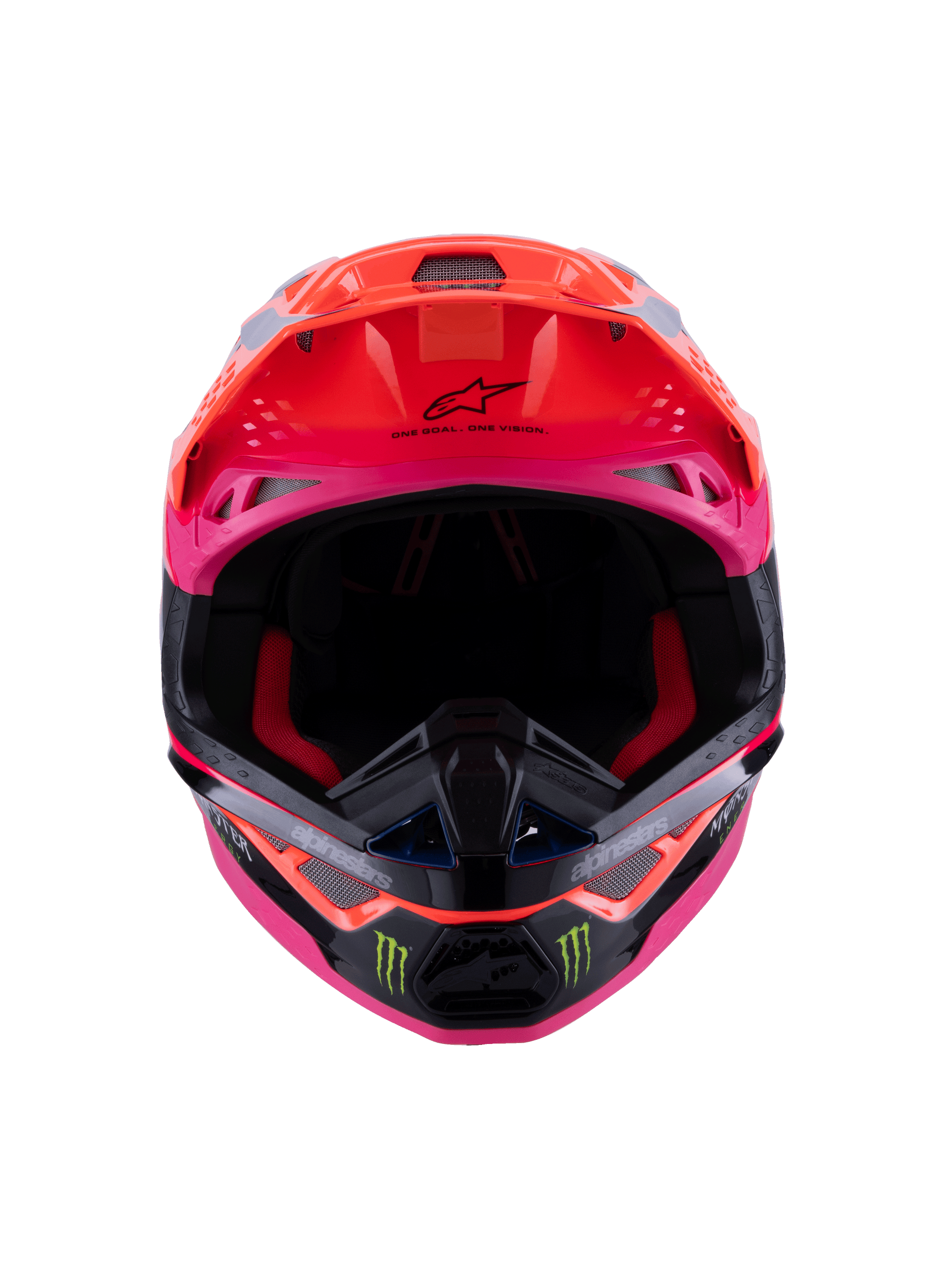 Casco Alpinestars Supertech M10 Deegan Monster ECE 22.06, vista frontale del casco da motocross in arancione fluo, viola e rosa lucido, con loghi ad artiglio Monster Energy sulla mentoniera nera, design aerodinamico con prese d'aria integrate, protezione per la testa premium per competizioni off-road