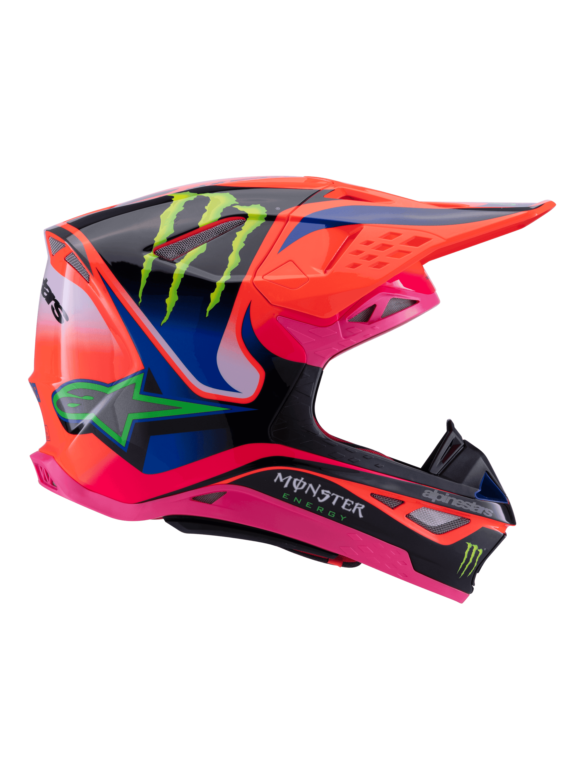 Alpinestars Supertech M10 Deegan Monster Helmet, casco da motocross, arancione fluo, viola e rosa lucido, vista laterale con marchio Monster Energy, calotta aerodinamica in carbonio con prese d'aria multiple, protezione professionale per gare fuoristrada