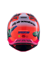 Casco Alpinestars Supertech M10 Deegan Monster ECE 22.06, vista posteriore, gradiente arancione fluo e rosa lucido, con logo Alpinestars nero, logo DNGR38, adesivo MIPS giallo e porte di ventilazione in rete integrate, protezione professionale per la testa da motocross