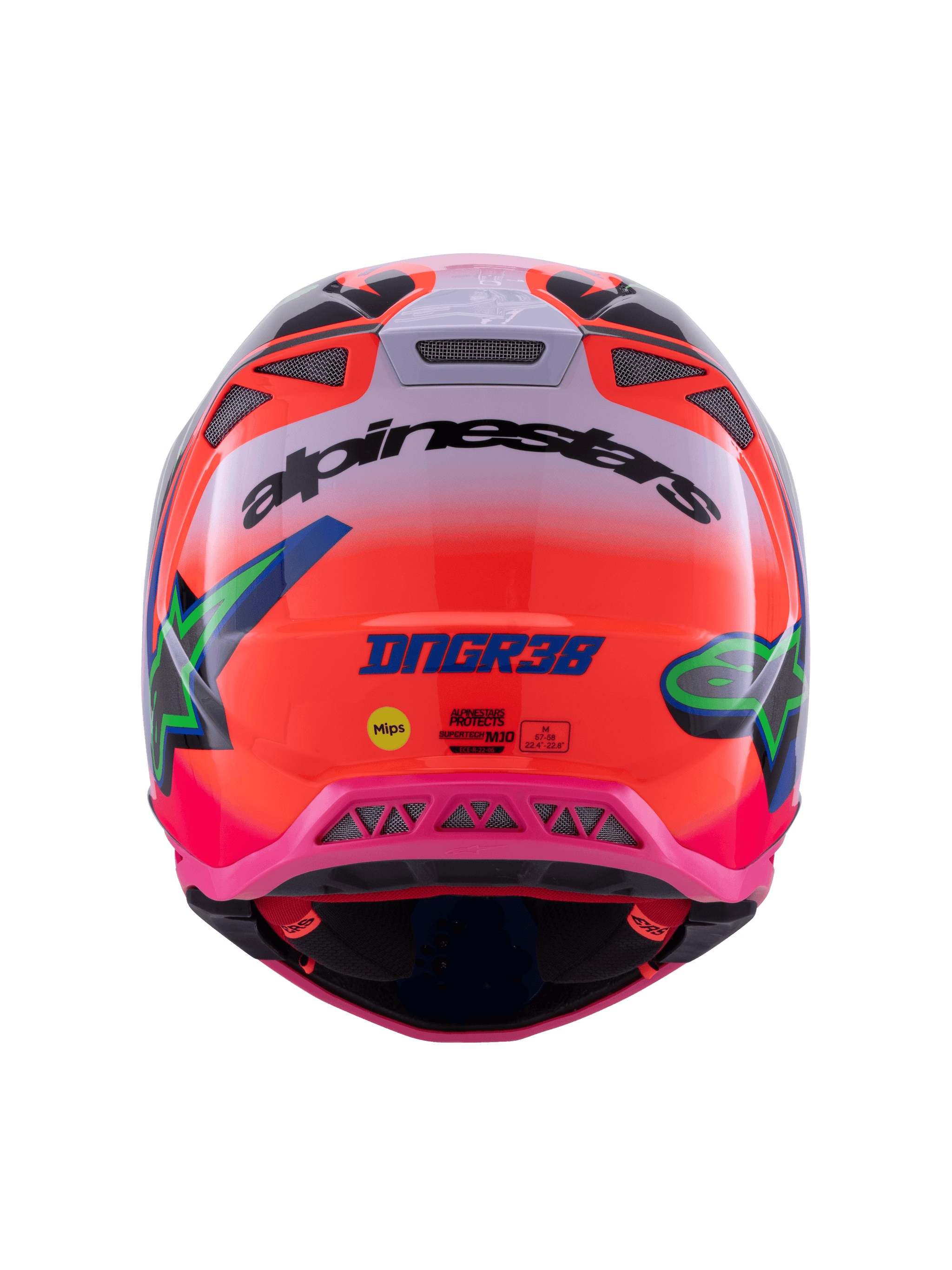 Casco Alpinestars Supertech M10 Deegan Monster ECE 22.06, vista posteriore, gradiente arancione fluo e rosa lucido, con logo Alpinestars nero, logo DNGR38, adesivo MIPS giallo e porte di ventilazione in rete integrate, protezione professionale per la testa da motocross