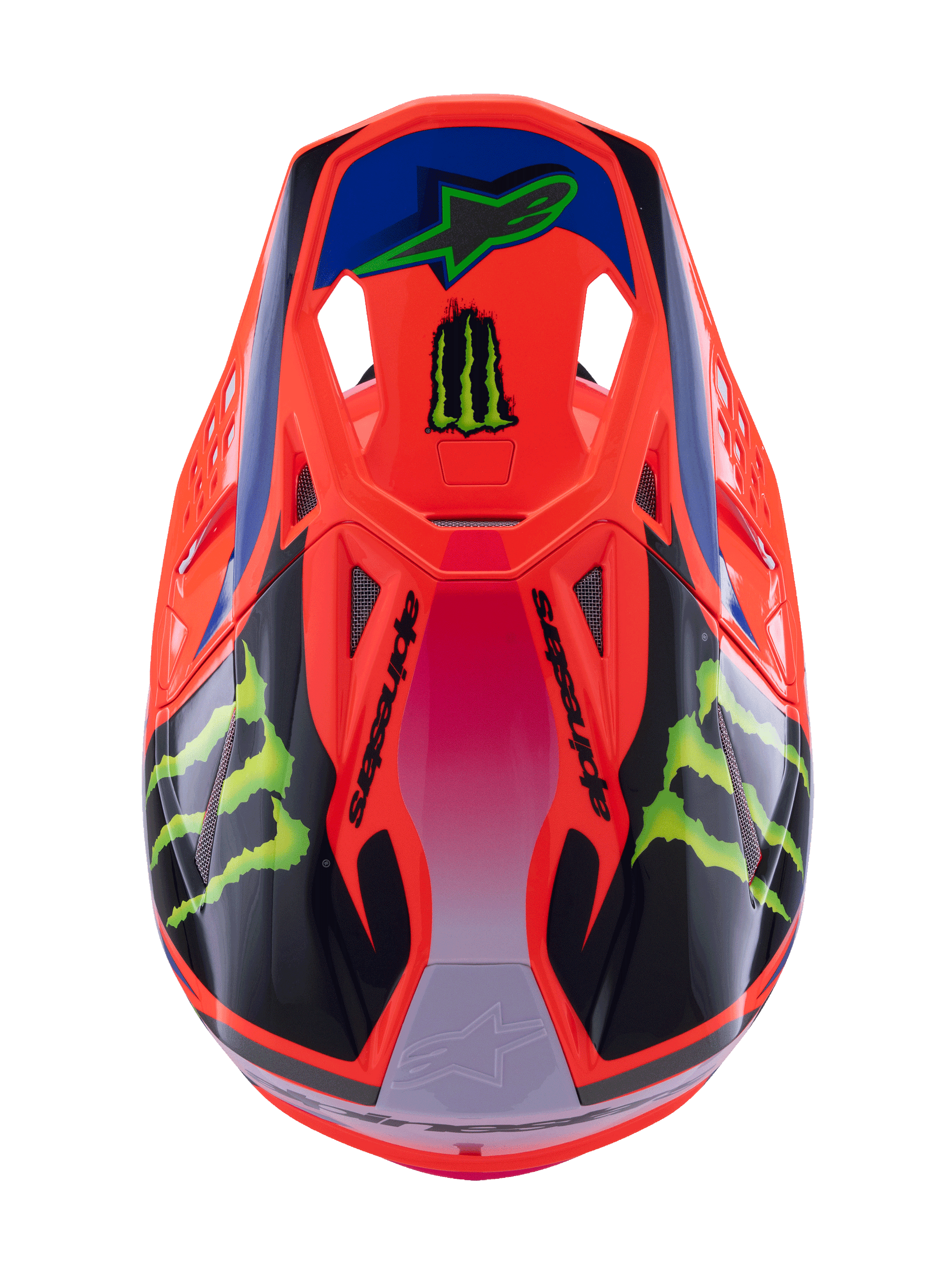 Alpinestars Supertech M10 Deegan Monster Helmet, casco da motocross, arancione fluo con sfumatura viola e rosa, con loghi Monster Energy verdi e grafiche nere, vista dall'alto che mostra il profilo aerodinamico e le prese d'aria