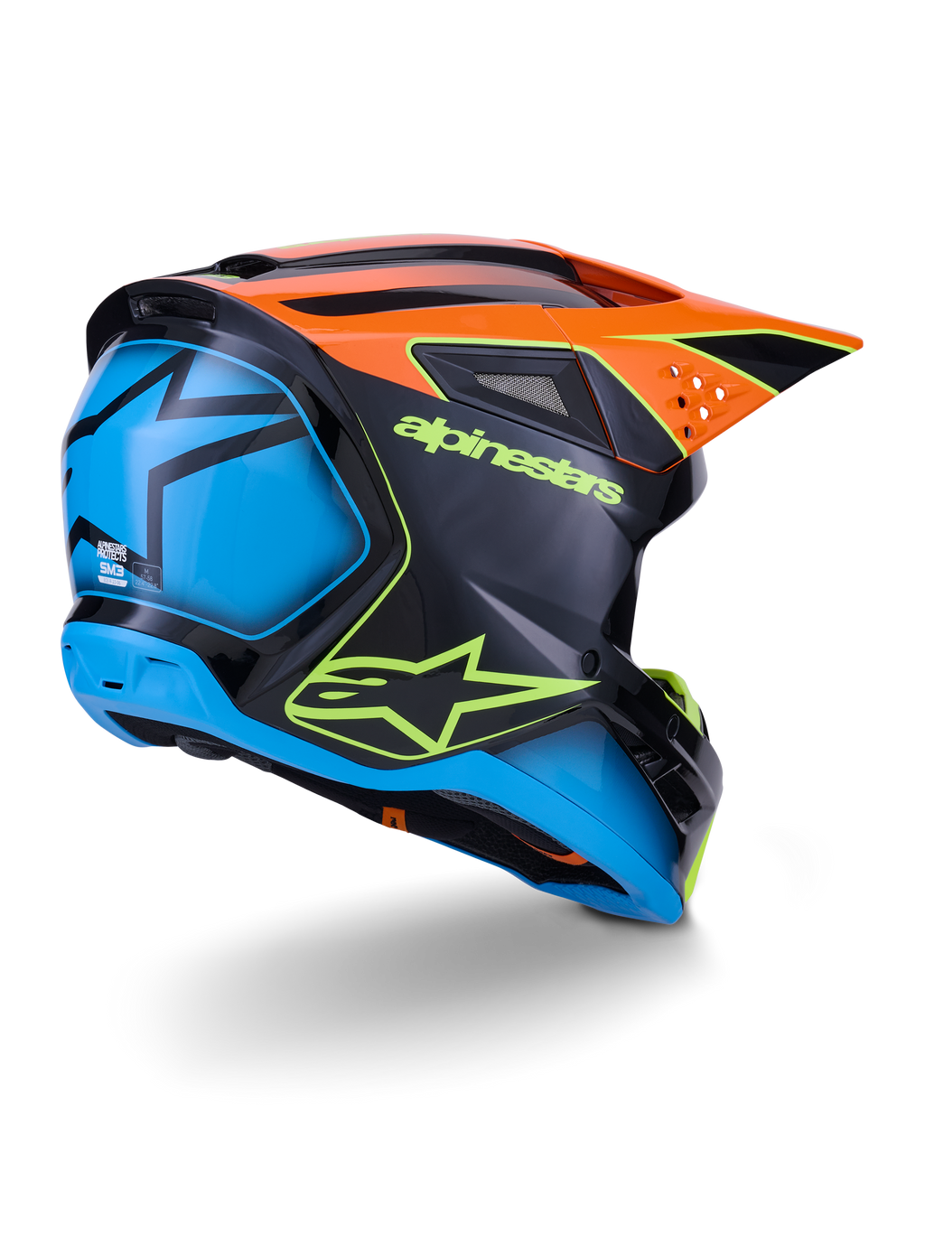 Casco Alpinestars S-M3 Fray ECE 22.06, casco da motocross, nero con pannelli arancioni e blu, logo Alpinestars giallo neon, ampia sezione posteriore blu con grafica a stella, visiera arancione con prese d'aria integrate, attrezzatura protettiva professionale per fuoristrada