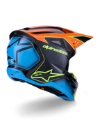Casco Alpinestars S-M3 Fray ECE 22.06, casco da motocross, nero con pannelli arancioni e blu, logo Alpinestars giallo neon, ampia sezione posteriore blu con grafica a stella, visiera arancione con prese d'aria integrate, attrezzatura protettiva professionale per fuoristrada