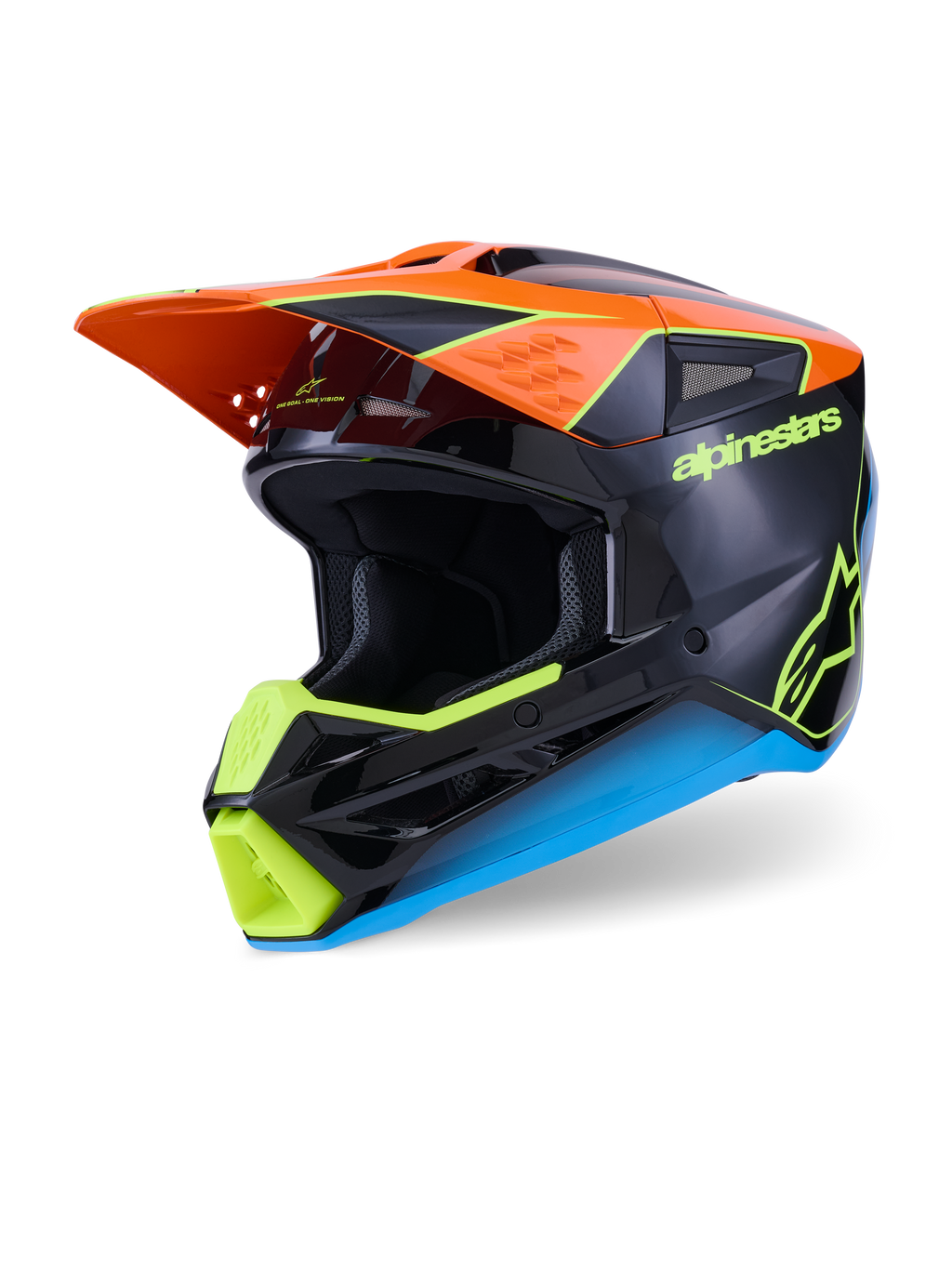 Casco Alpinestars S-M3 Fray, casco da motocross, nero con accenti arancioni, giallo neon e blu, vista a tre quarti che mostra la calotta aerodinamica termo-iniettata e la visiera protettiva per gare fuoristrada