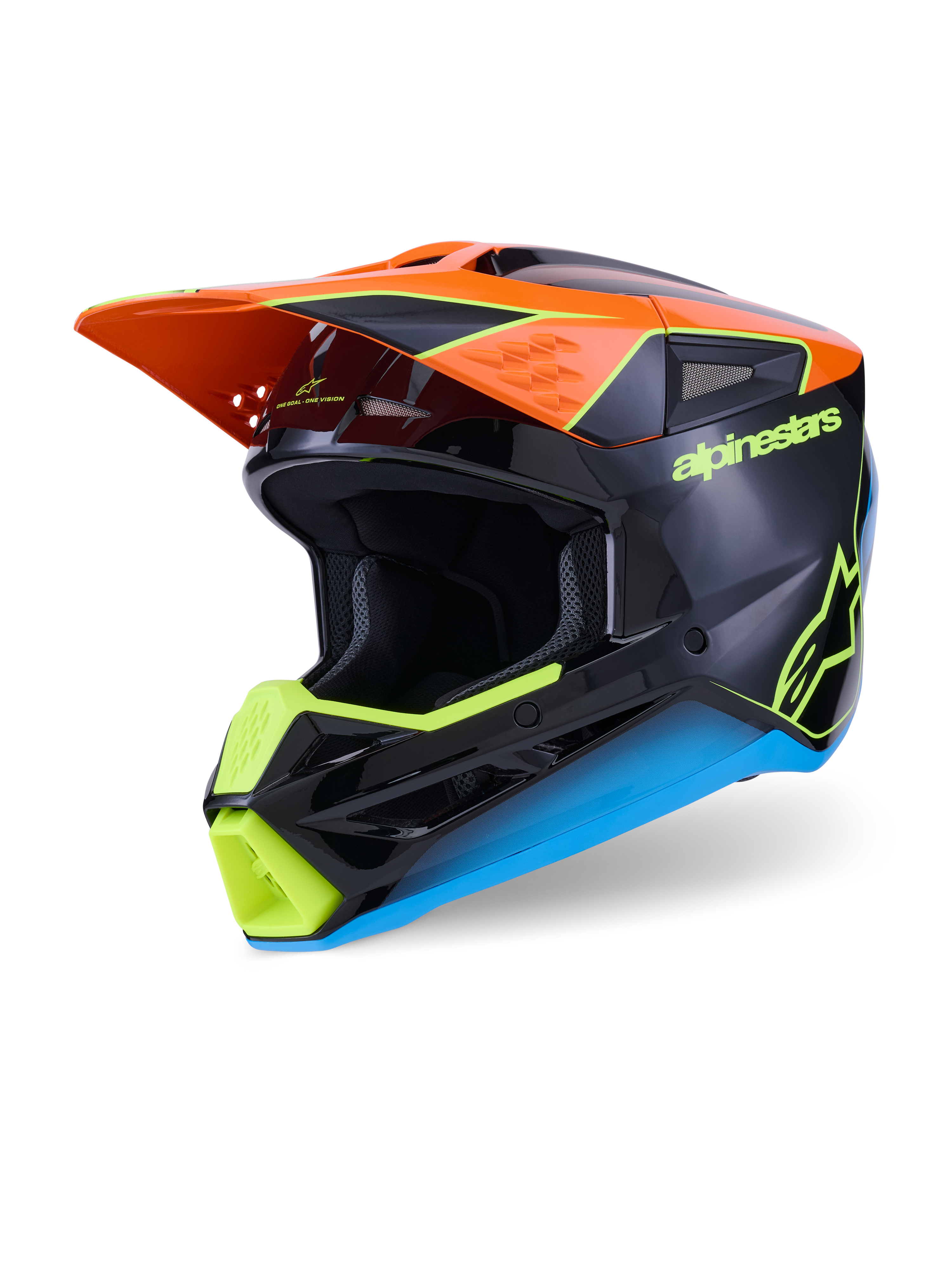 Casco Alpinestars S-M3 Fray, casco da motocross, nero con accenti arancioni, giallo neon e blu, vista a tre quarti che mostra la calotta aerodinamica termo-iniettata e la visiera protettiva per gare fuoristrada