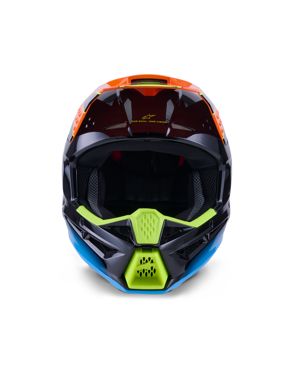 Casco Alpinestars S-M3 Fray ECE 22.06, casco da motocross, nero, arancione e giallo fluo, vista frontale che mostra il design aggressivo della mentoniera con prese d'aria in rete, ampia apertura per la maschera e profilo aerodinamico elegante per le corse fuoristrada.