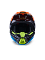 Casco Alpinestars S-M3 Fray ECE 22.06, casco da motocross, nero, arancione e giallo fluo, vista frontale che mostra il design aggressivo della mentoniera con prese d'aria in rete, ampia apertura per la maschera e profilo aerodinamico elegante per le corse fuoristrada.