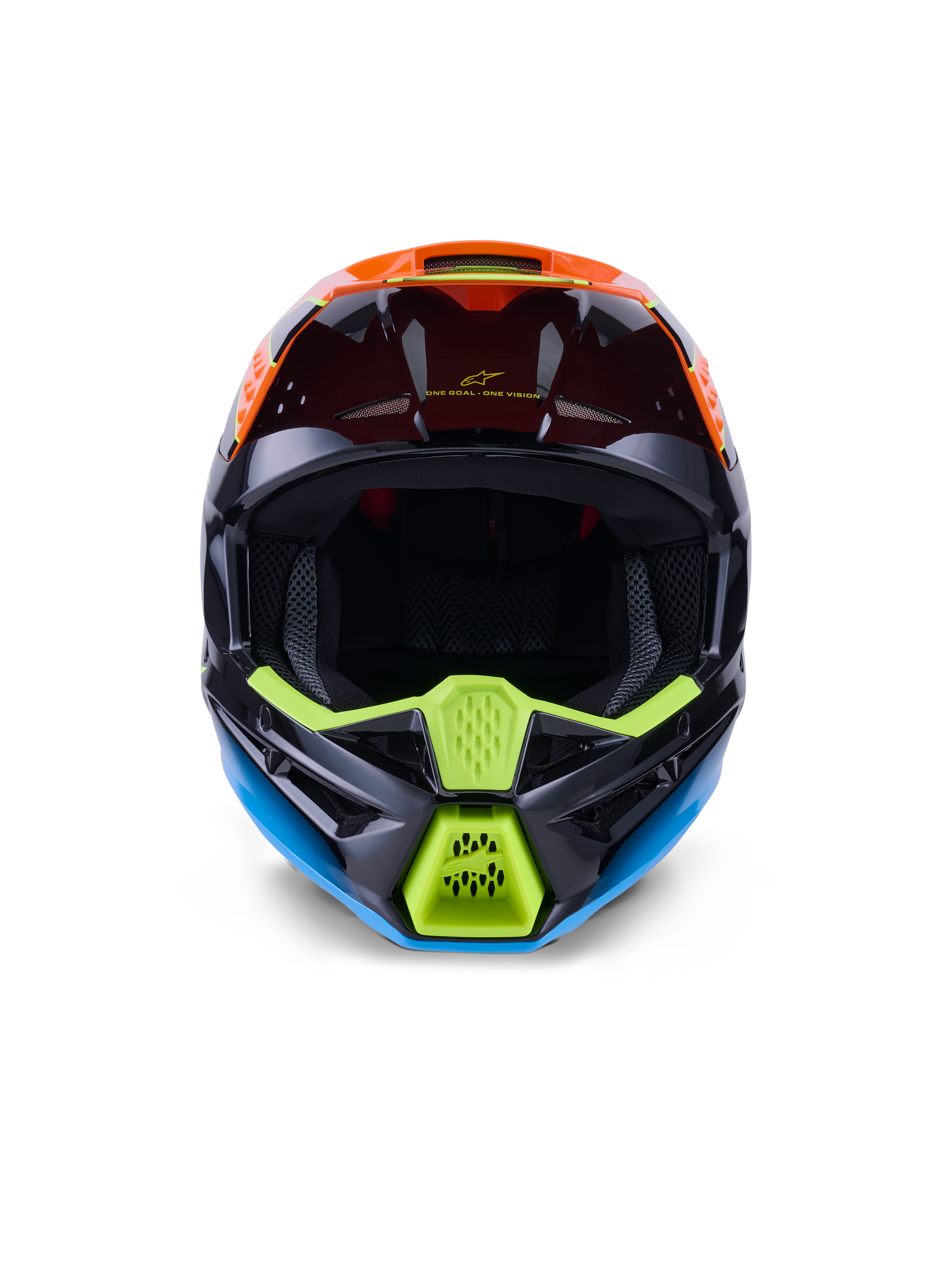 Casco Alpinestars S-M3 Fray ECE 22.06, casco da motocross, nero, arancione e giallo fluo, vista frontale che mostra il design aggressivo della mentoniera con prese d'aria in rete, ampia apertura per la maschera e profilo aerodinamico elegante per le corse fuoristrada.