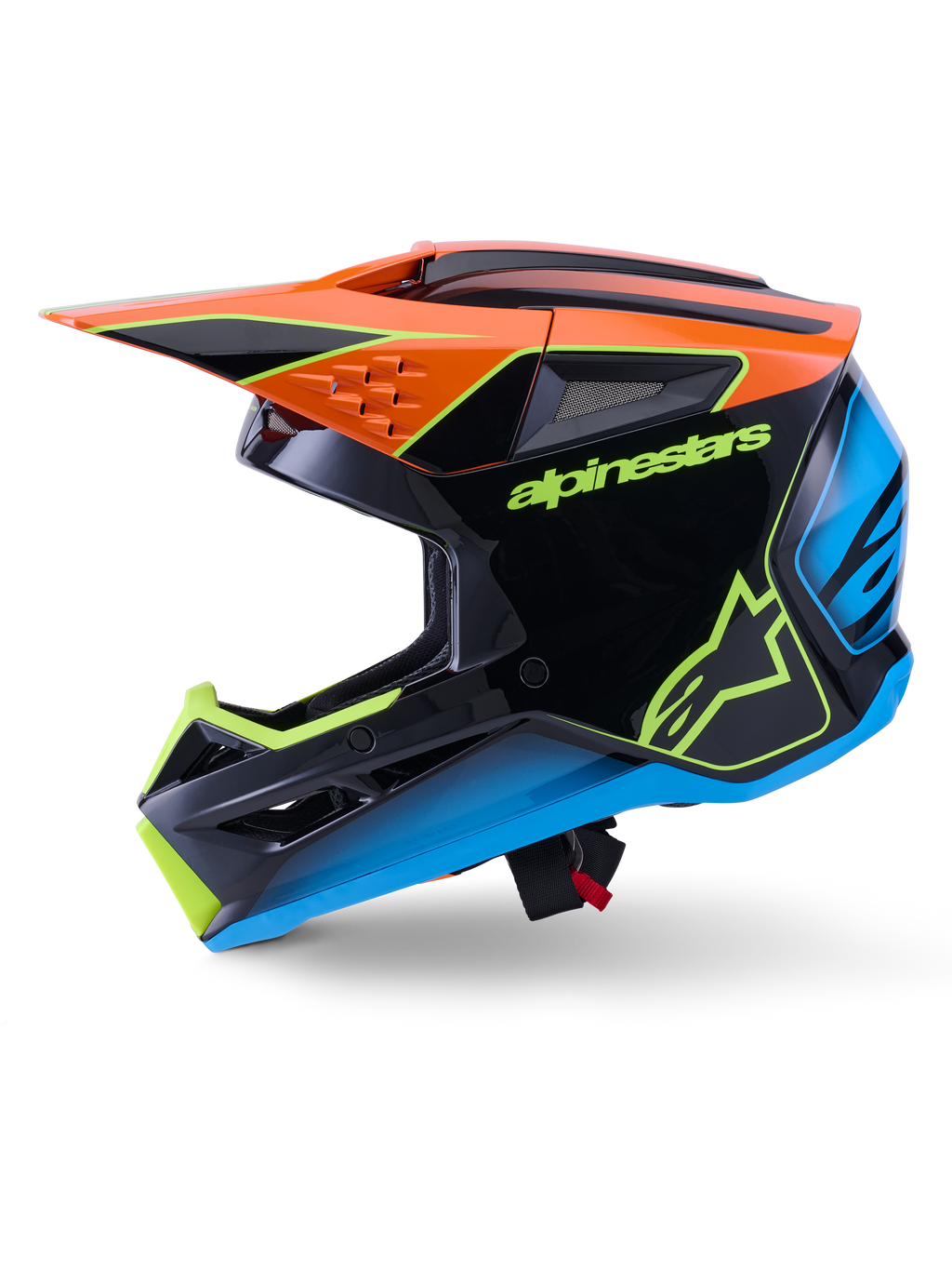 Alpinestars S-M3 Fray Helmet ECE 22.06, casco da motocross, nero con accenti arancioni, blu e giallo fluorescente, vista laterale di profilo che mostra la calotta aerodinamica e le prese d'aria integrate, con logo Alpinestars in evidenza, protezione professionale per corse off-road