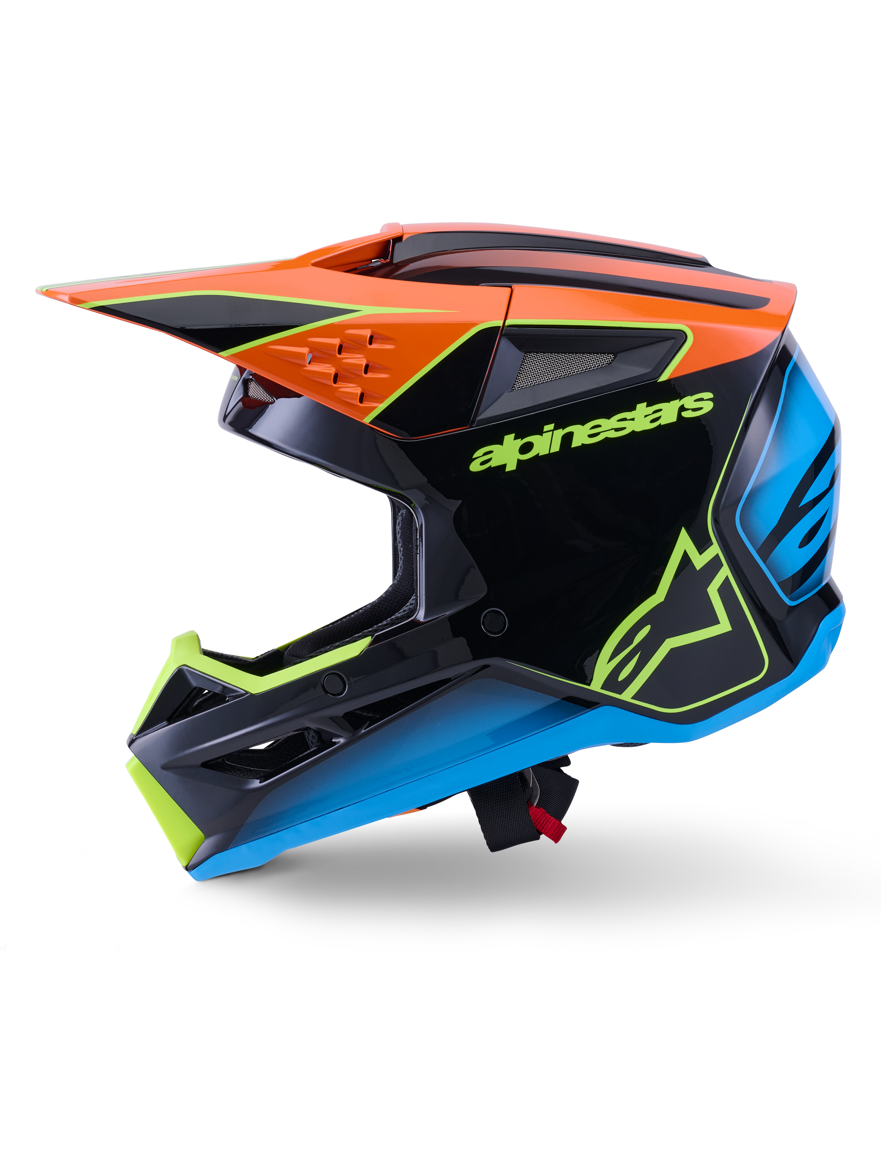 Alpinestars S-M3 Fray Helmet ECE 22.06, casco da motocross, nero con accenti arancioni, blu e giallo fluorescente, vista laterale di profilo che mostra la calotta aerodinamica e le prese d'aria integrate, con logo Alpinestars in evidenza, protezione professionale per corse off-road