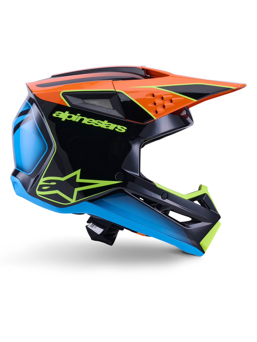 Alpinestars S-M3 Fray Helmet ECE 22.06, casco da motocross, nero, arancione, blu e giallo neon, profilo laterale di una calotta aerodinamica lucida con un'evidente visiera arancione, loghi verde neon e dettagli blu, protezione per gare fuoristrada