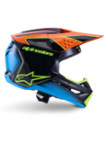 Alpinestars S-M3 Fray Helmet ECE 22.06, casco da motocross, nero, arancione, blu e giallo neon, profilo laterale di una calotta aerodinamica lucida con un'evidente visiera arancione, loghi verde neon e dettagli blu, protezione per gare fuoristrada