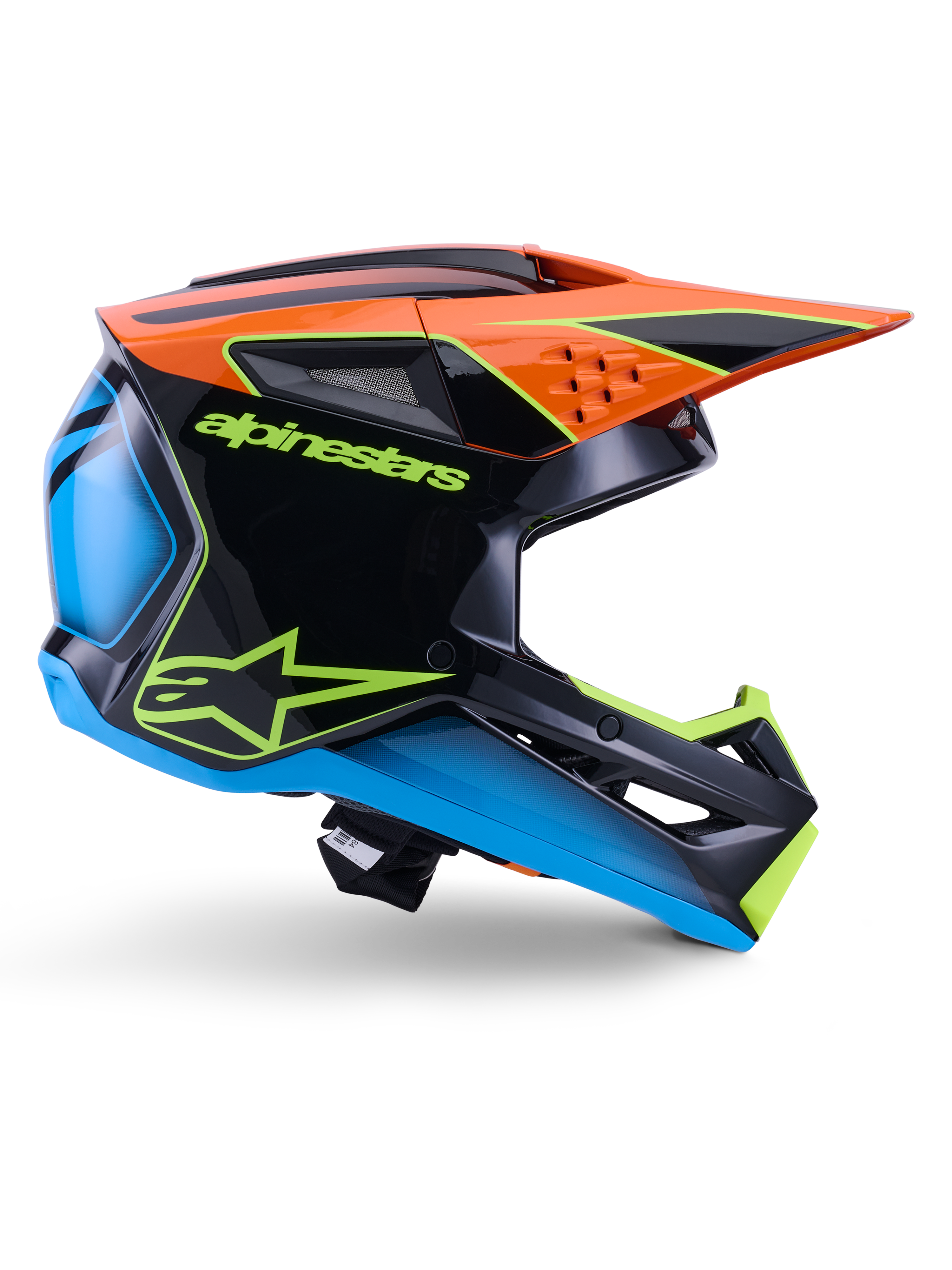 Alpinestars S-M3 Fray Helmet ECE 22.06, casco da motocross, nero, arancione, blu e giallo neon, profilo laterale di una calotta aerodinamica lucida con un'evidente visiera arancione, loghi verde neon e dettagli blu, protezione per gare fuoristrada