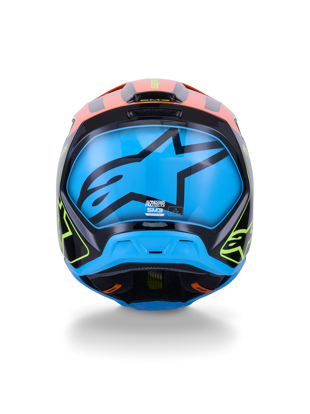 Casco Alpinestars S-M3 Fray ECE 22.06, casco da motocross, vista posteriore, nero con vivaci accenti arancioni e giallo neon, ampio pannello blu con logo a stella Alpinestars nero, protezione per corse fuoristrada