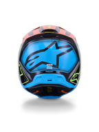Casco Alpinestars S-M3 Fray ECE 22.06, casco da motocross, vista posteriore, nero con vivaci accenti arancioni e giallo neon, ampio pannello blu con logo a stella Alpinestars nero, protezione per corse fuoristrada