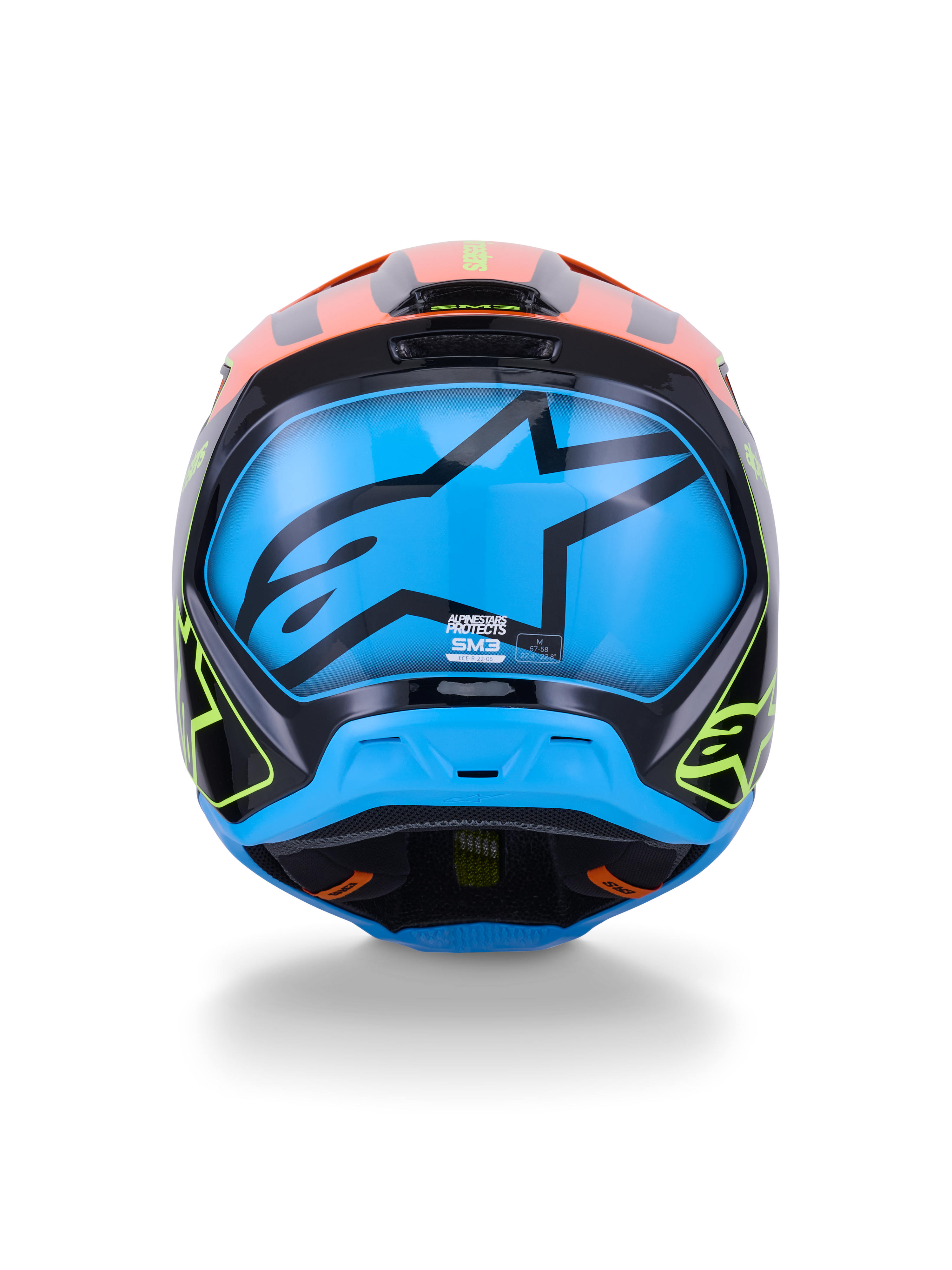 Casco Alpinestars S-M3 Fray ECE 22.06, casco da motocross, vista posteriore, nero con vivaci accenti arancioni e giallo neon, ampio pannello blu con logo a stella Alpinestars nero, protezione per corse fuoristrada