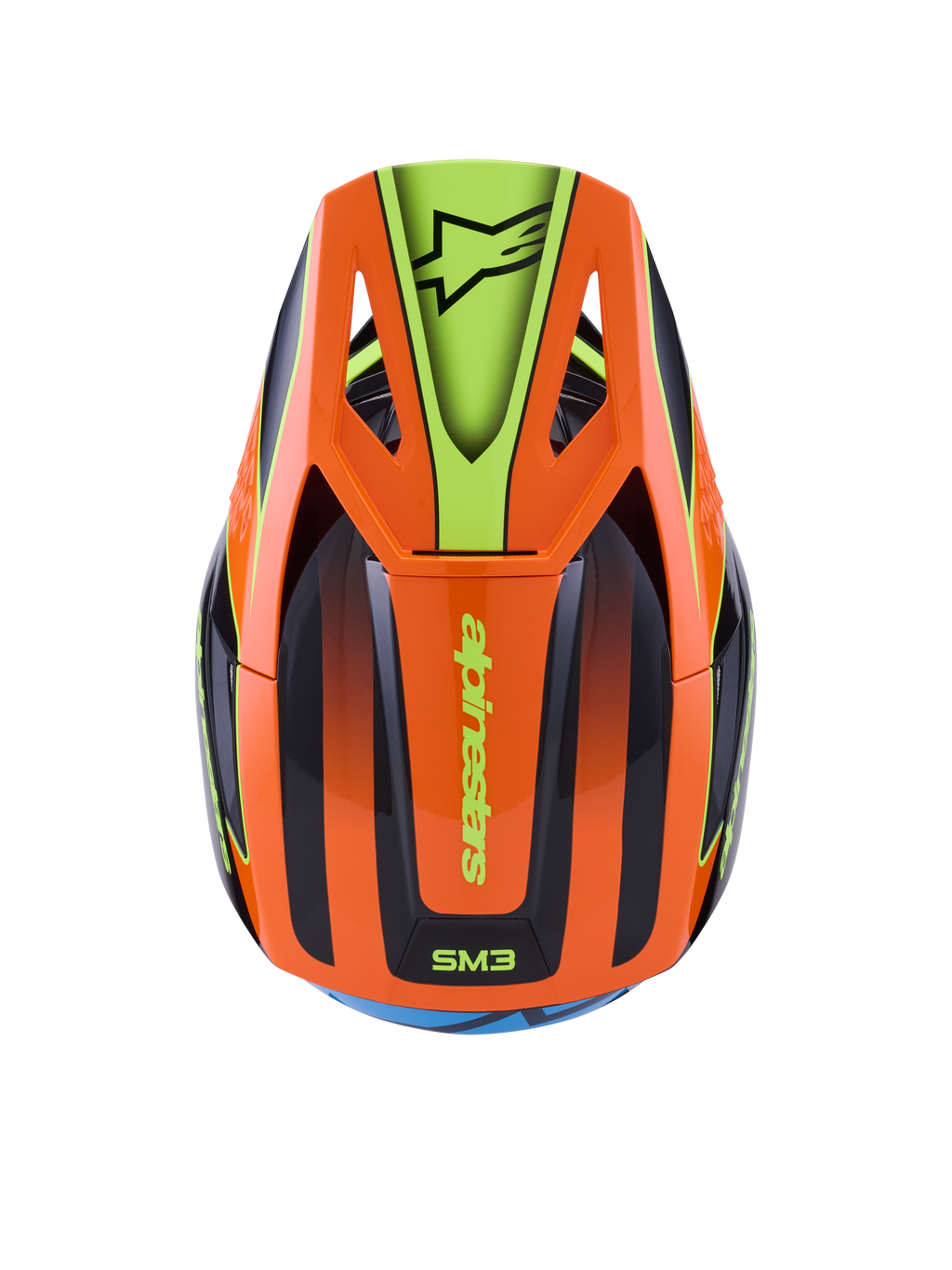 Casco Alpinestars S-M3 Fray, casco da motocross, arancione e giallo fluorescente con dettagli neri, vista dall'alto che mostra la calotta aerodinamica e il frontino con logo Alpinestars, design grafico vivace per la guida off-road