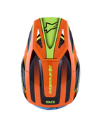 Casco Alpinestars S-M3 Fray, casco da motocross, arancione e giallo fluorescente con dettagli neri, vista dall'alto che mostra la calotta aerodinamica e il frontino con logo Alpinestars, design grafico vivace per la guida off-road