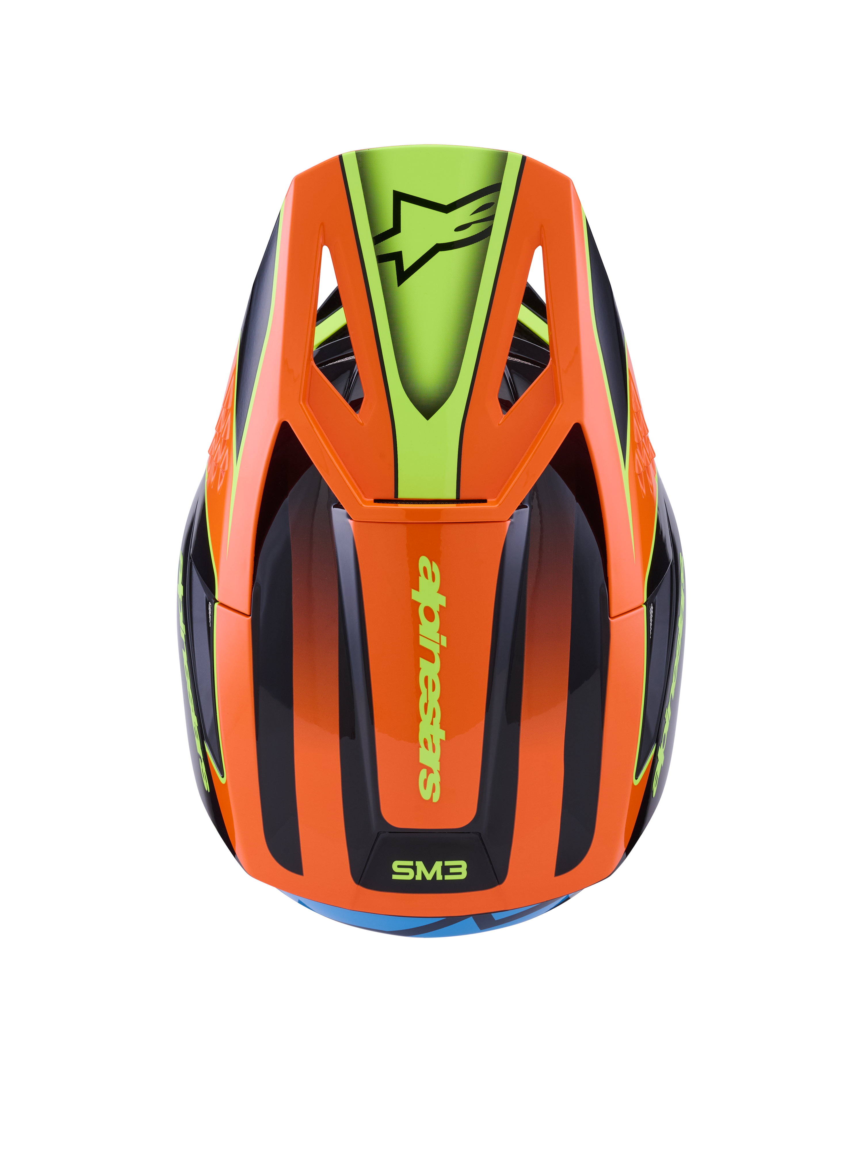 Casco Alpinestars S-M3 Fray, casco da motocross, arancione e giallo fluorescente con dettagli neri, vista dall'alto che mostra la calotta aerodinamica e il frontino con logo Alpinestars, design grafico vivace per la guida off-road