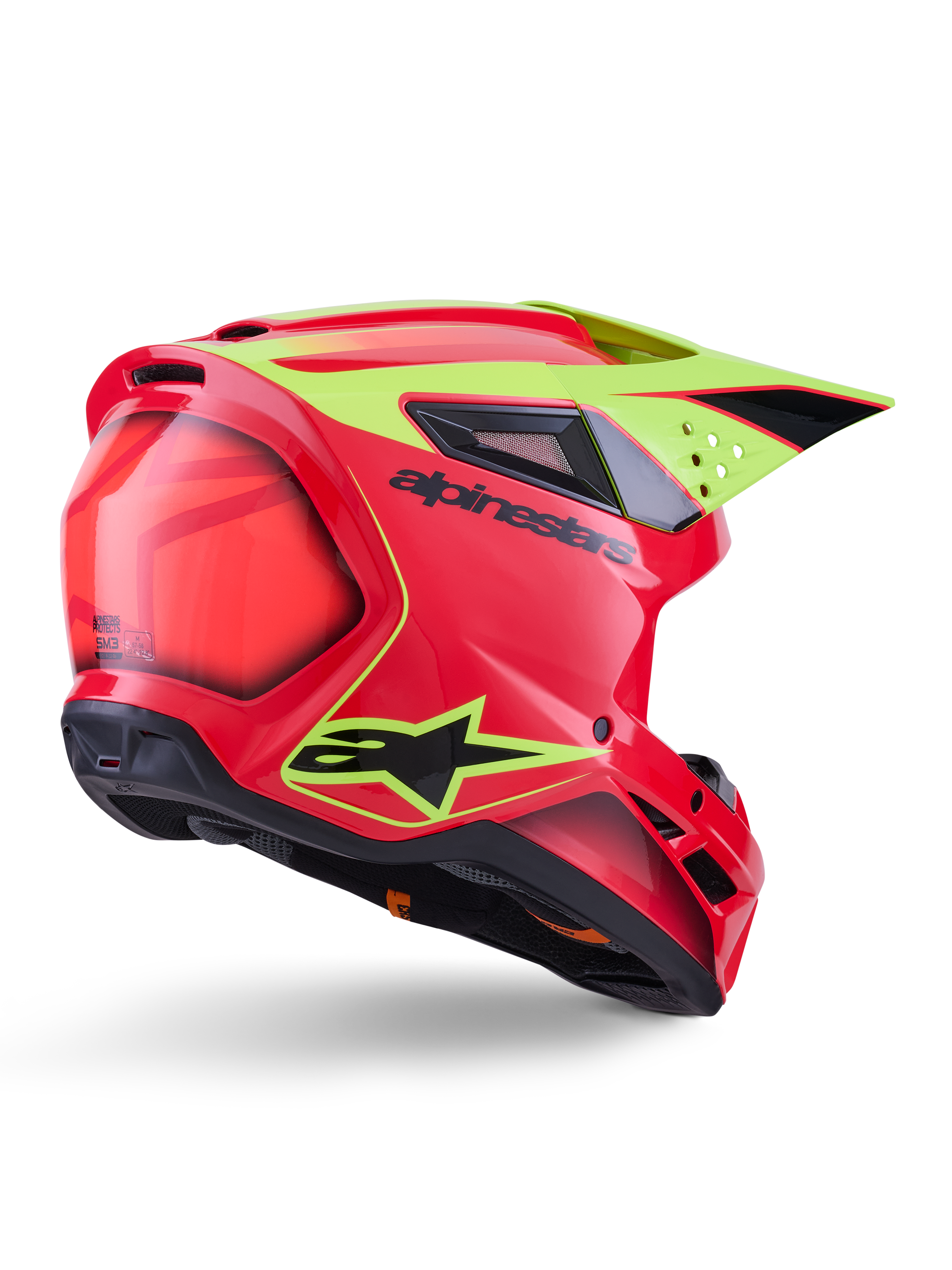 Casco Alpinestars S-M3 Fray ECE 22.06, casco da motocross, rosso giallo fluo nero lucido, vista posteriore di tre quarti che mostra la calotta aerodinamica snella con molteplici prese d'aria, grafiche giallo neon e il logo Alpinestars nero in evidenza.