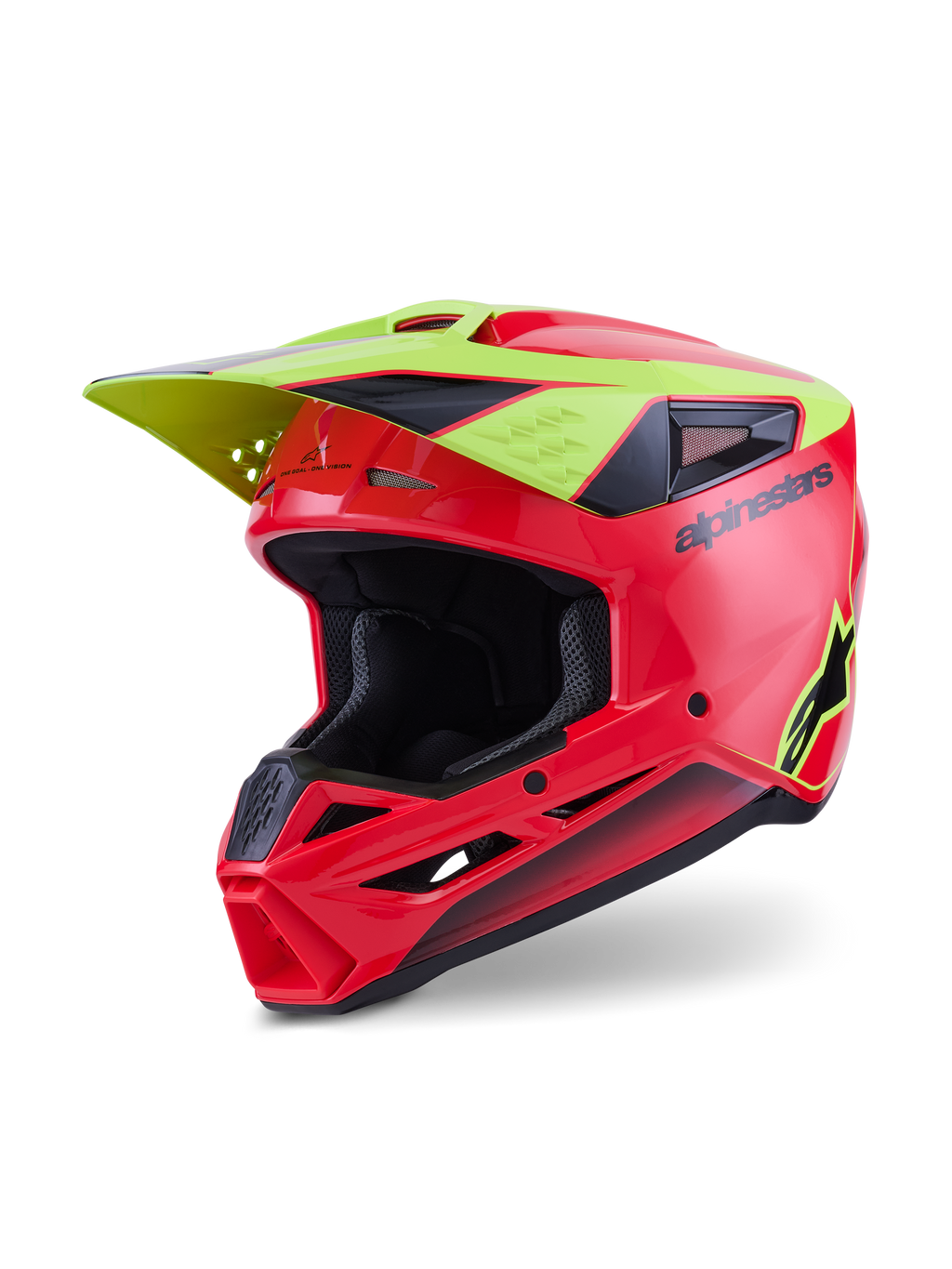 Alpinestars S-M3 Fray Helmet ECE 22.06, casco da motocross, rosso giallo fluo nero lucido, con calotta aerodinamica e prese d'aria, visiera gialla integrata, scritta e logo a stella Alpinestars neri, finitura lucida per corse fuoristrada
