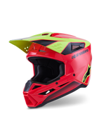 Alpinestars S-M3 Fray Helmet ECE 22.06, casco da motocross, rosso giallo fluo nero lucido, con calotta aerodinamica e prese d'aria, visiera gialla integrata, scritta e logo a stella Alpinestars neri, finitura lucida per corse fuoristrada