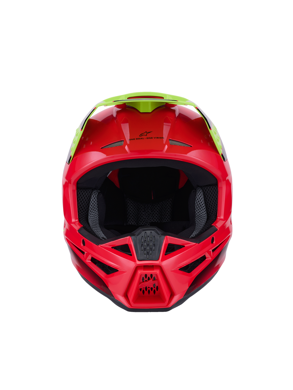 Alpinestars S-M3 Fray Helmet ECE 22.06, casco da motocross, rosso e giallo fluo, vista frontale con finitura lucida, con prese d'aria multiple e una visiera prominente, equipaggiamento protettivo ad alte prestazioni per la guida off-road
