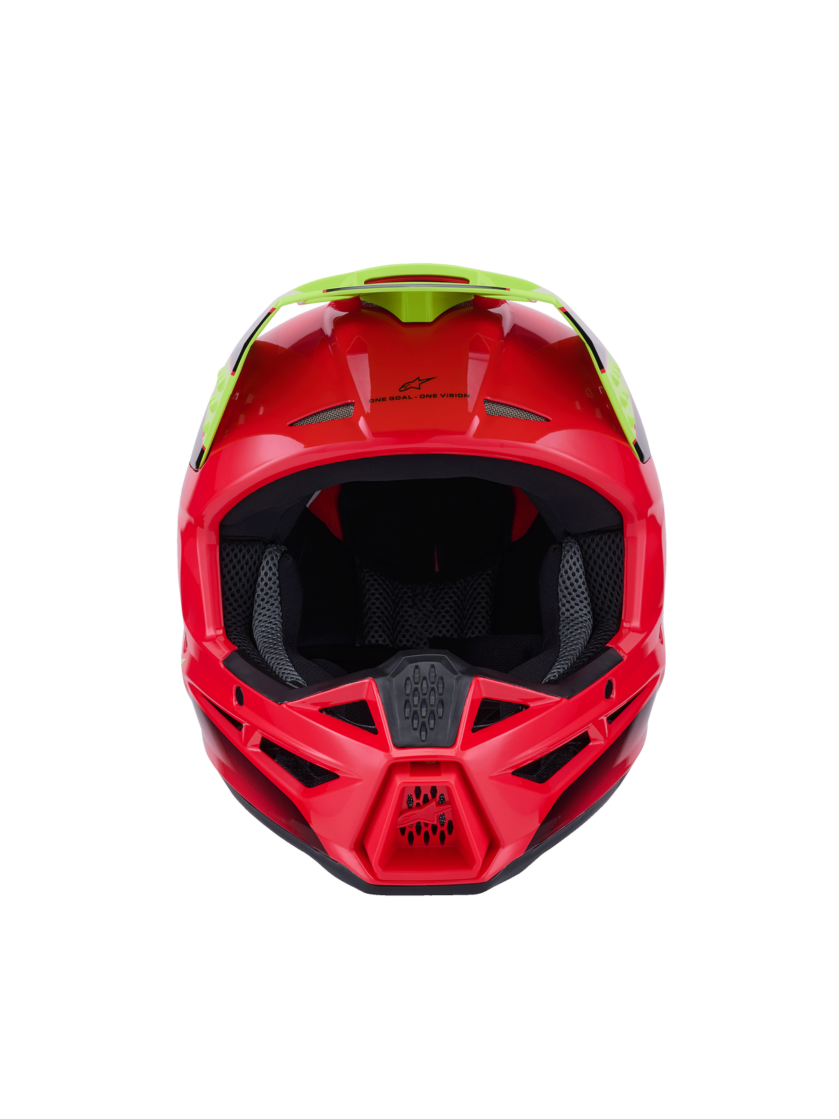 Alpinestars S-M3 Fray Helmet ECE 22.06, casco da motocross, rosso e giallo fluo, vista frontale con finitura lucida, con prese d'aria multiple e una visiera prominente, equipaggiamento protettivo ad alte prestazioni per la guida off-road