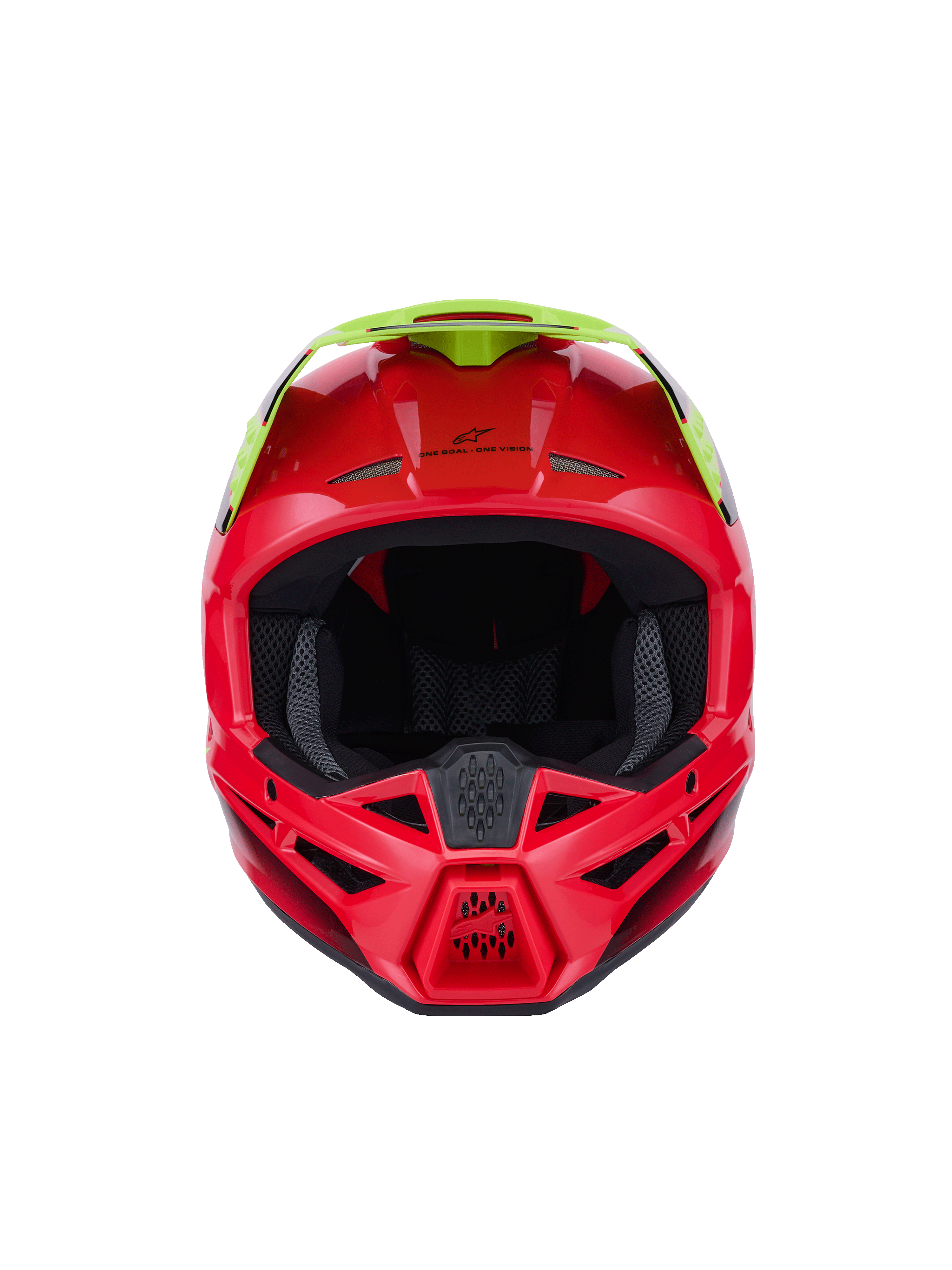 Alpinestars S-M3 Fray Helmet ECE 22.06, casco da motocross, rosso e giallo fluo, vista frontale con finitura lucida, con prese d'aria multiple e una visiera prominente, equipaggiamento protettivo ad alte prestazioni per la guida off-road
