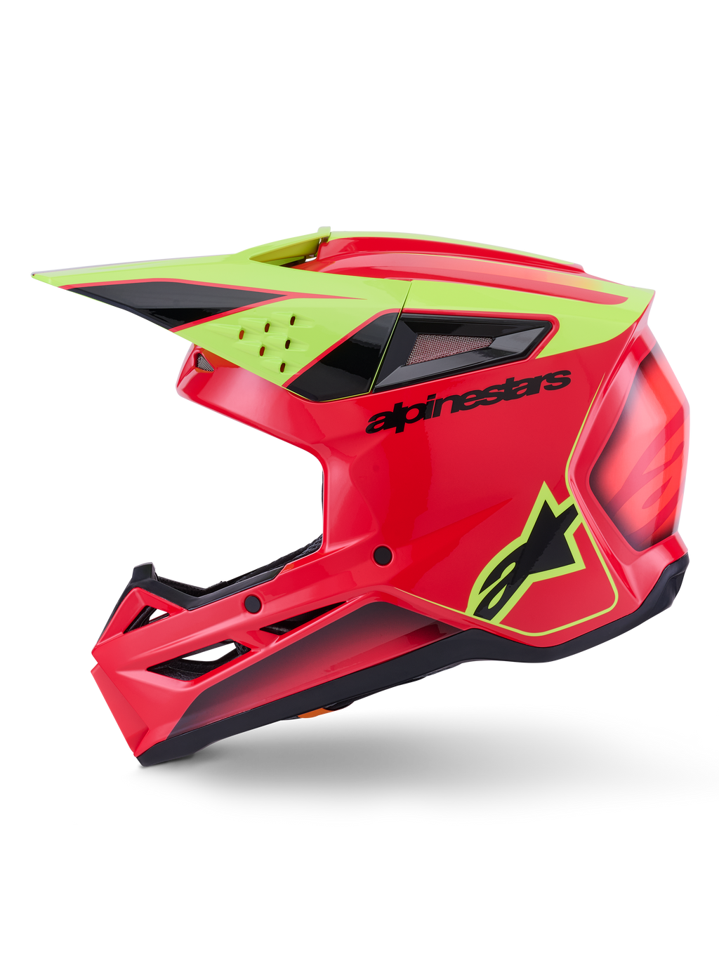Casco Alpinestars S-M3 Fray ECE 22.06, casco da motocross, rosso, giallo fluo e nero lucido, vista laterale di profilo, caratterizzato da una calotta aerodinamica termoiniettata con prese d'aria multiple, marchio Alpinestars nero e logo a stella giallo fluorescente, protezione per la testa ad alte prestazioni per il fuoristrada