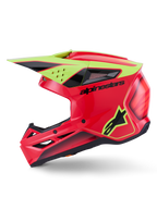 Casco Alpinestars S-M3 Fray ECE 22.06, casco da motocross, rosso, giallo fluo e nero lucido, vista laterale di profilo, caratterizzato da una calotta aerodinamica termoiniettata con prese d'aria multiple, marchio Alpinestars nero e logo a stella giallo fluorescente, protezione per la testa ad alte prestazioni per il fuoristrada