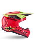 Casco Alpinestars S-M3 Fray ECE 22.06, casco da motocross, rosso, giallo fluo e nero lucido, vista di profilo con calotta aerodinamica, prese d'aria multiple, logo nero in evidenza e visiera gialla ad alta visibilità