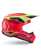Casco Alpinestars S-M3 Fray ECE 22.06, casco da motocross, rosso, giallo fluo e nero lucido, vista di profilo con calotta aerodinamica, prese d'aria multiple, logo nero in evidenza e visiera gialla ad alta visibilità