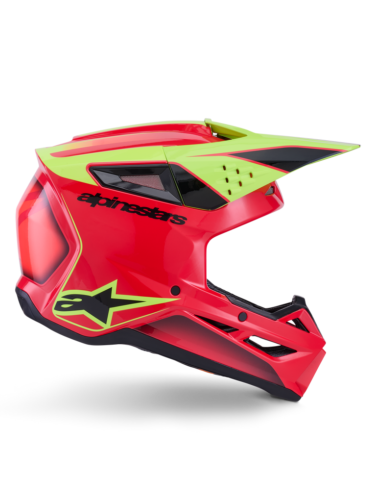 Casco Alpinestars S-M3 Fray ECE 22.06, casco da motocross, rosso, giallo fluo e nero lucido, vista di profilo con calotta aerodinamica, prese d'aria multiple, logo nero in evidenza e visiera gialla ad alta visibilità
