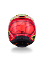 Alpinestars S-M3 Fray Helmet ECE 22.06, casco da motocross, rosso giallo fluo nero lucido, vista posteriore caratterizzata da calotta aerodinamica lucida con grafiche audaci rosse e giallo fluorescente, prese d'aria integrate e marchi di certificazione di sicurezza
