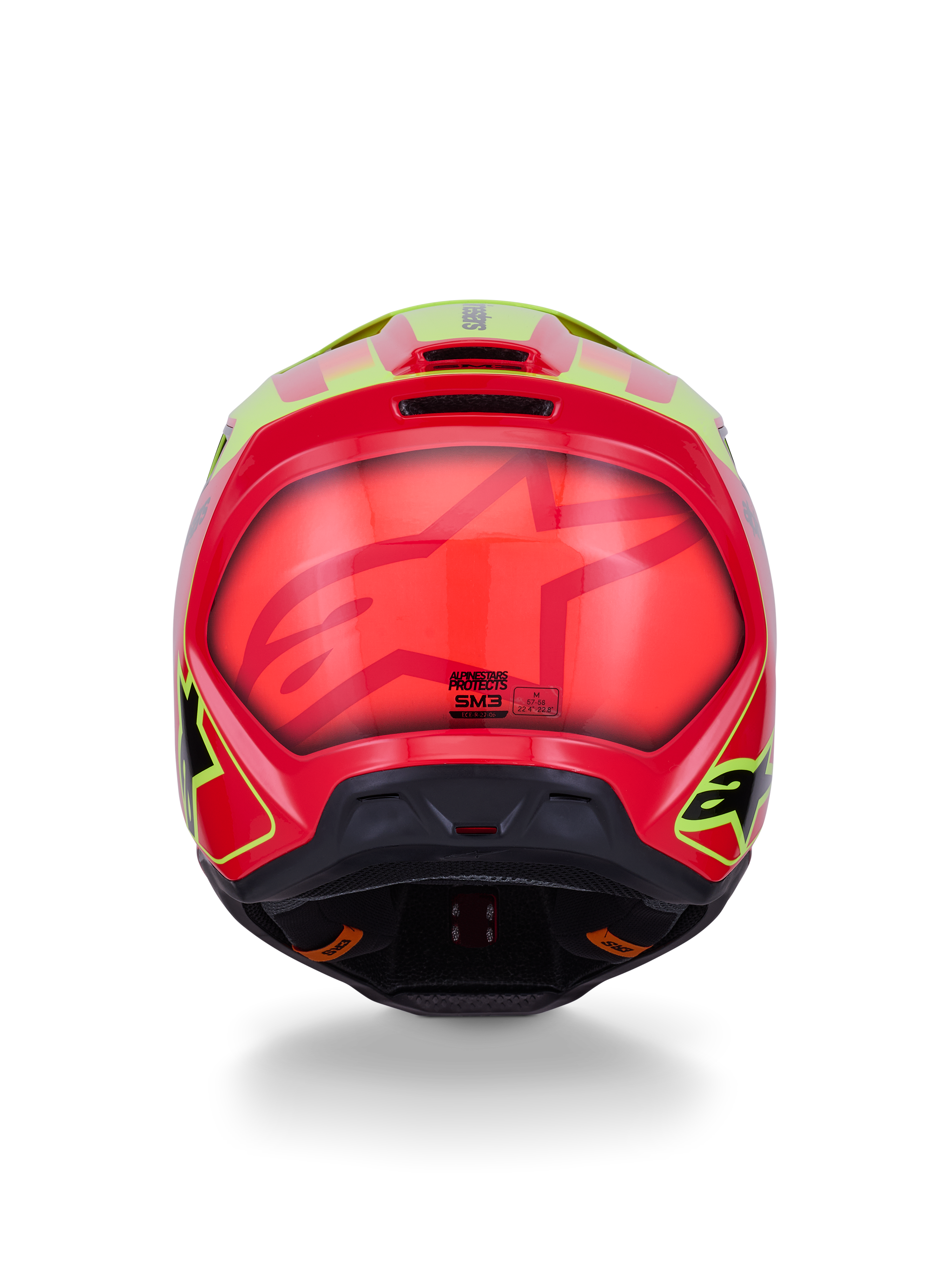 Alpinestars S-M3 Fray Helmet ECE 22.06, casco da motocross, rosso giallo fluo nero lucido, vista posteriore caratterizzata da calotta aerodinamica lucida con grafiche audaci rosse e giallo fluorescente, prese d'aria integrate e marchi di certificazione di sicurezza