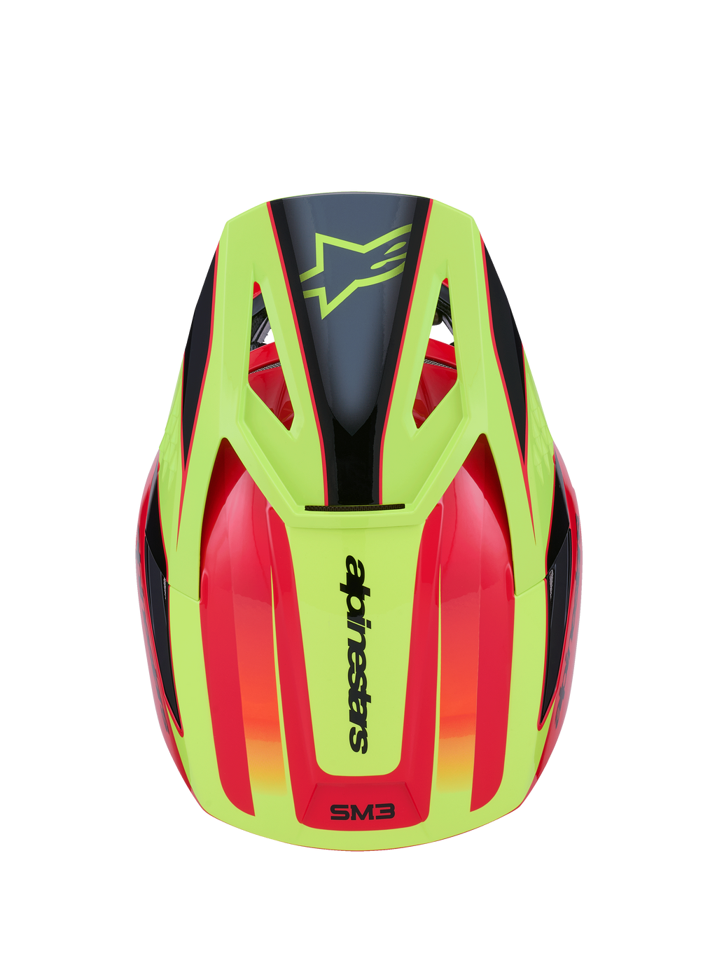 Casco Alpinestars S-M3 Fray, casco da motocross, rosso, giallo fluo e nero lucido, vista dall'alto con design grafico vivace, logo a stella nero sulla visiera gialla e marchio Alpinestars sul retro
