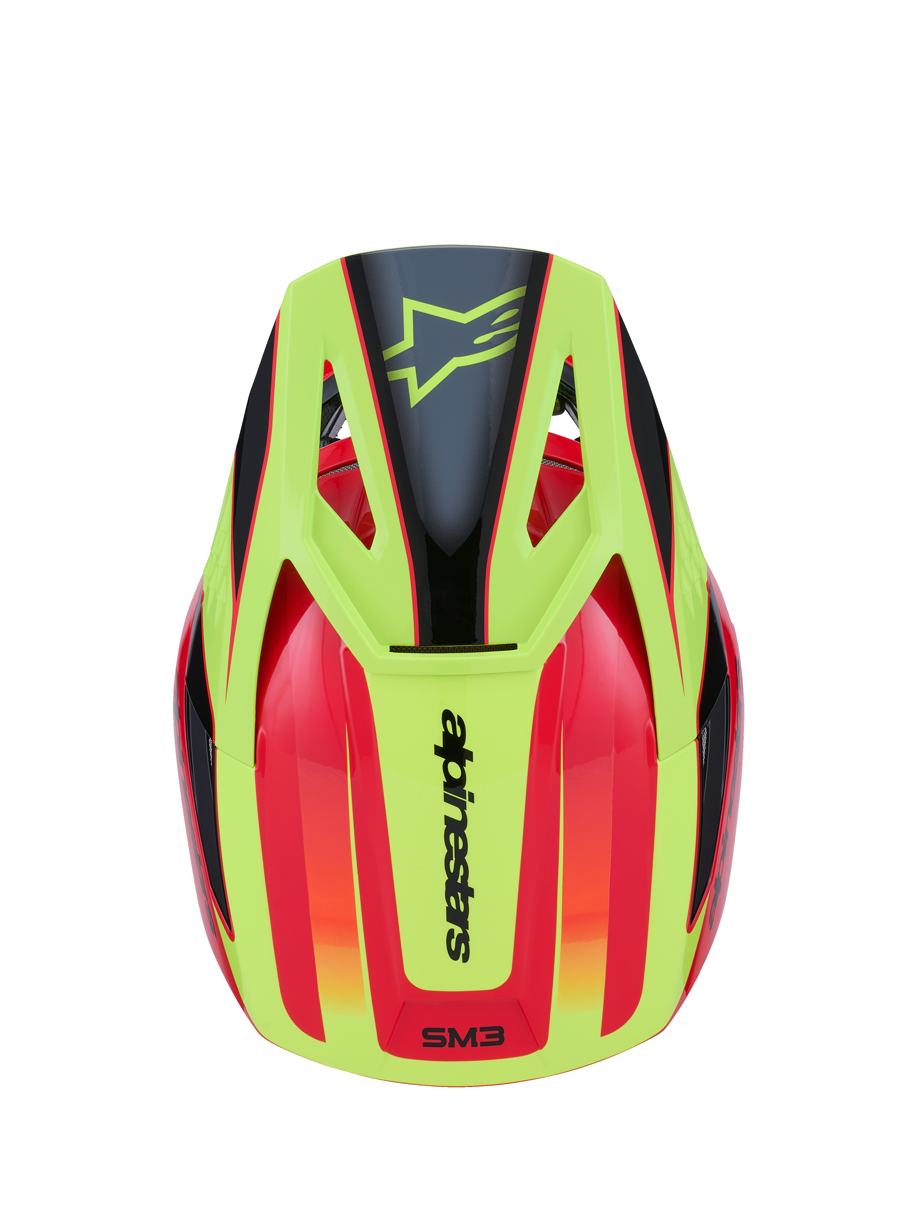 Casco Alpinestars S-M3 Fray, casco da motocross, rosso, giallo fluo e nero lucido, vista dall'alto con design grafico vivace, logo a stella nero sulla visiera gialla e marchio Alpinestars sul retro