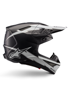 Casco Alpinestars Supertech M10 Ampress, casco da motocross, nero e bianco opaco, profilo aerodinamico con grafiche a fulmine bianco, prese d'aria multiple, visiera parasole estesa, costruzione in fibra di carbonio con finitura opaca