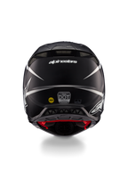 Casco Alpinestars Supertech M10 Ampress, casco da motocross, nero e bianco opaco, vista posteriore con logo Alpinestars e adesivi di certificazione, design aerodinamico con prese d'aria integrate