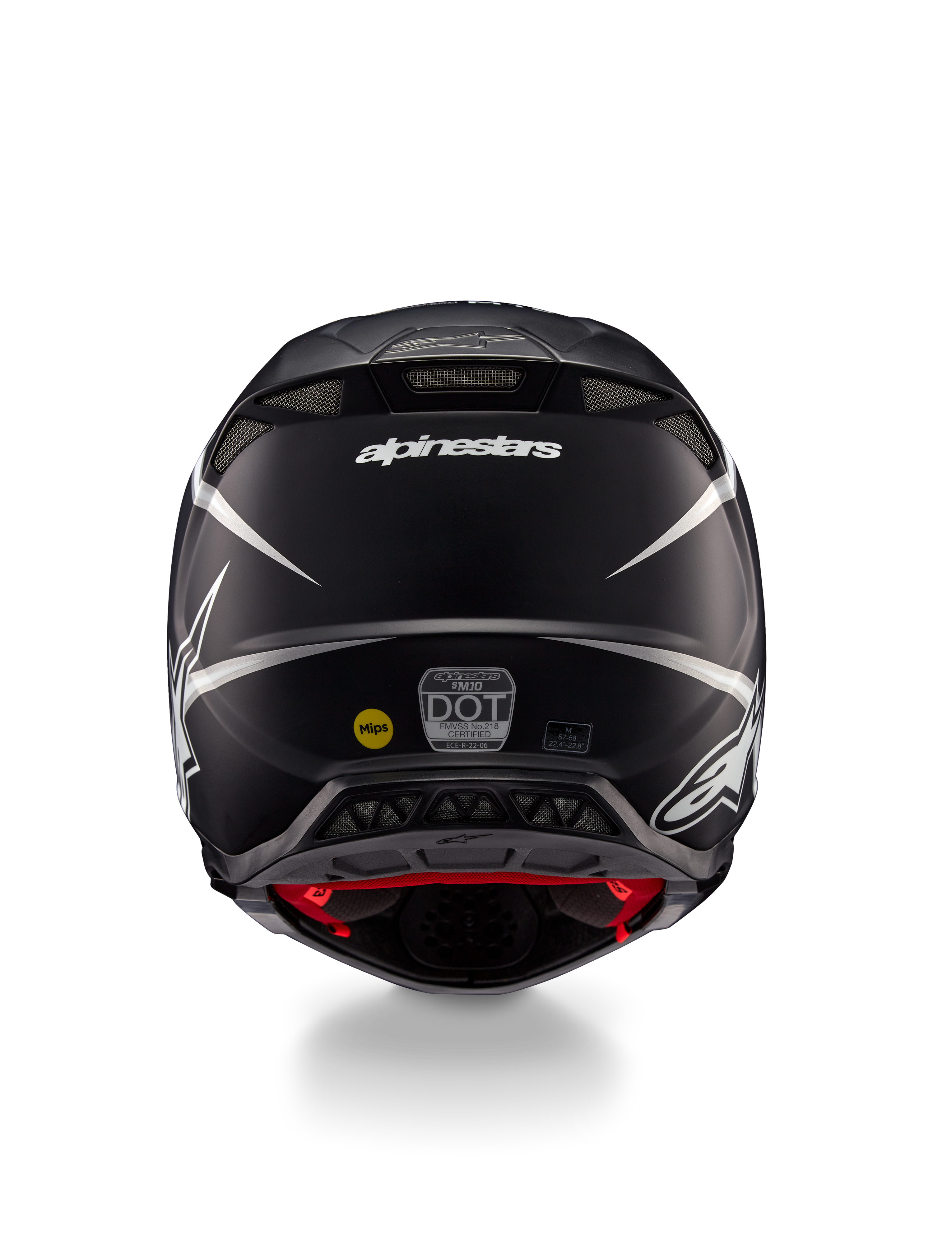 Casco Alpinestars Supertech M10 Ampress, casco da motocross, nero e bianco opaco, vista posteriore con logo Alpinestars e adesivi di certificazione, design aerodinamico con prese d'aria integrate